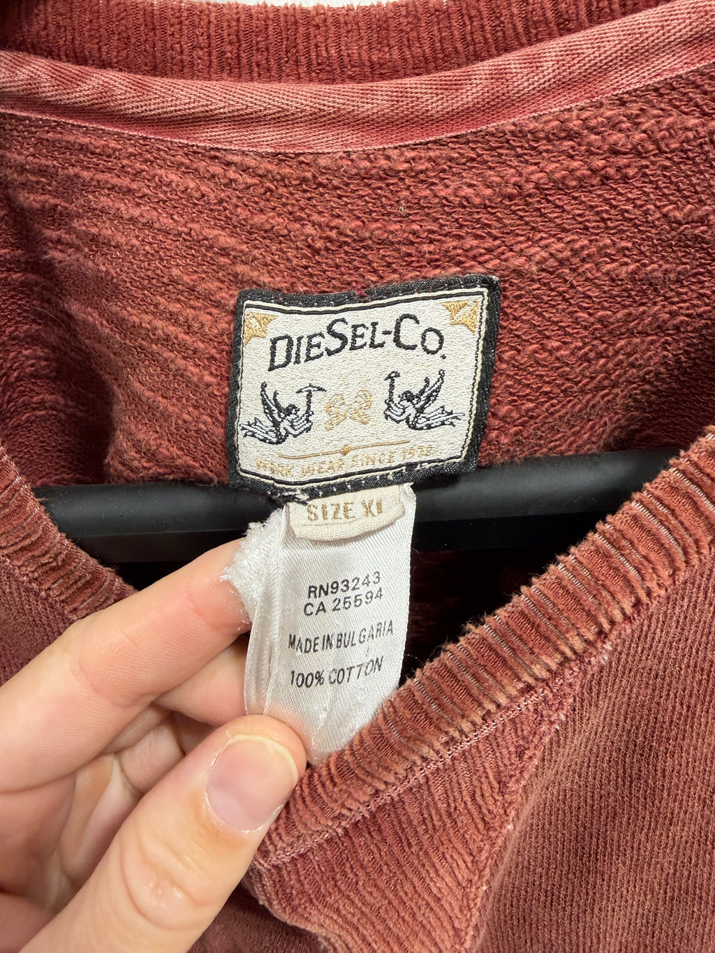 Vintage Diesel Co. Pigment-Dyed Raglan Crewneck Sweatshirt in Brick Red, Size XL