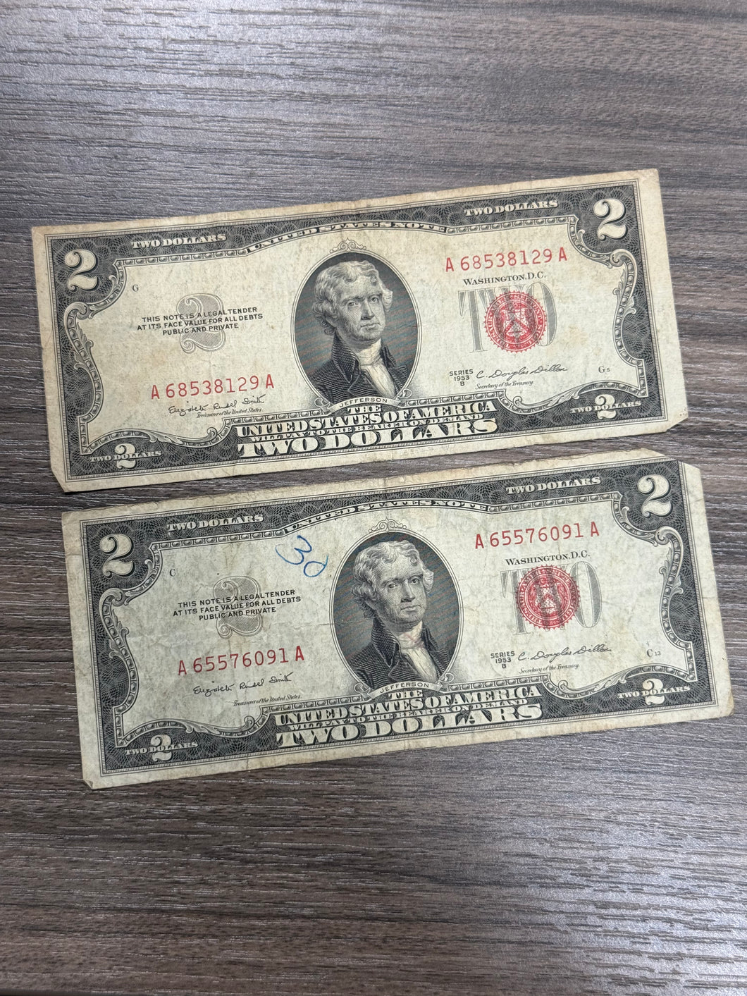 Red Seal 2 Dollar Bills (Includes Both)