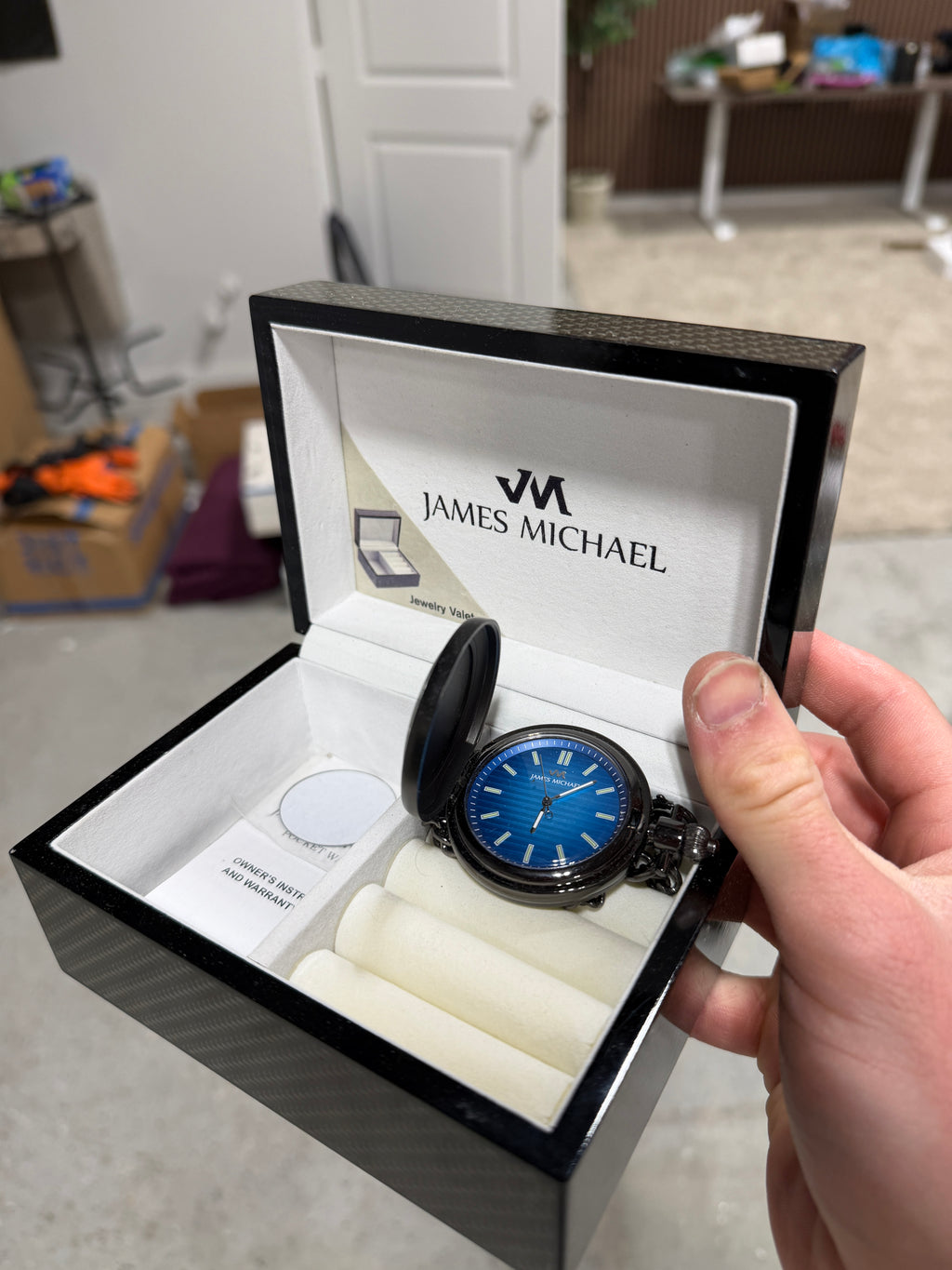 Men's James Michael Gunmetal Grey Pocket Watch with Blue Dial (Model: PQA011134W)