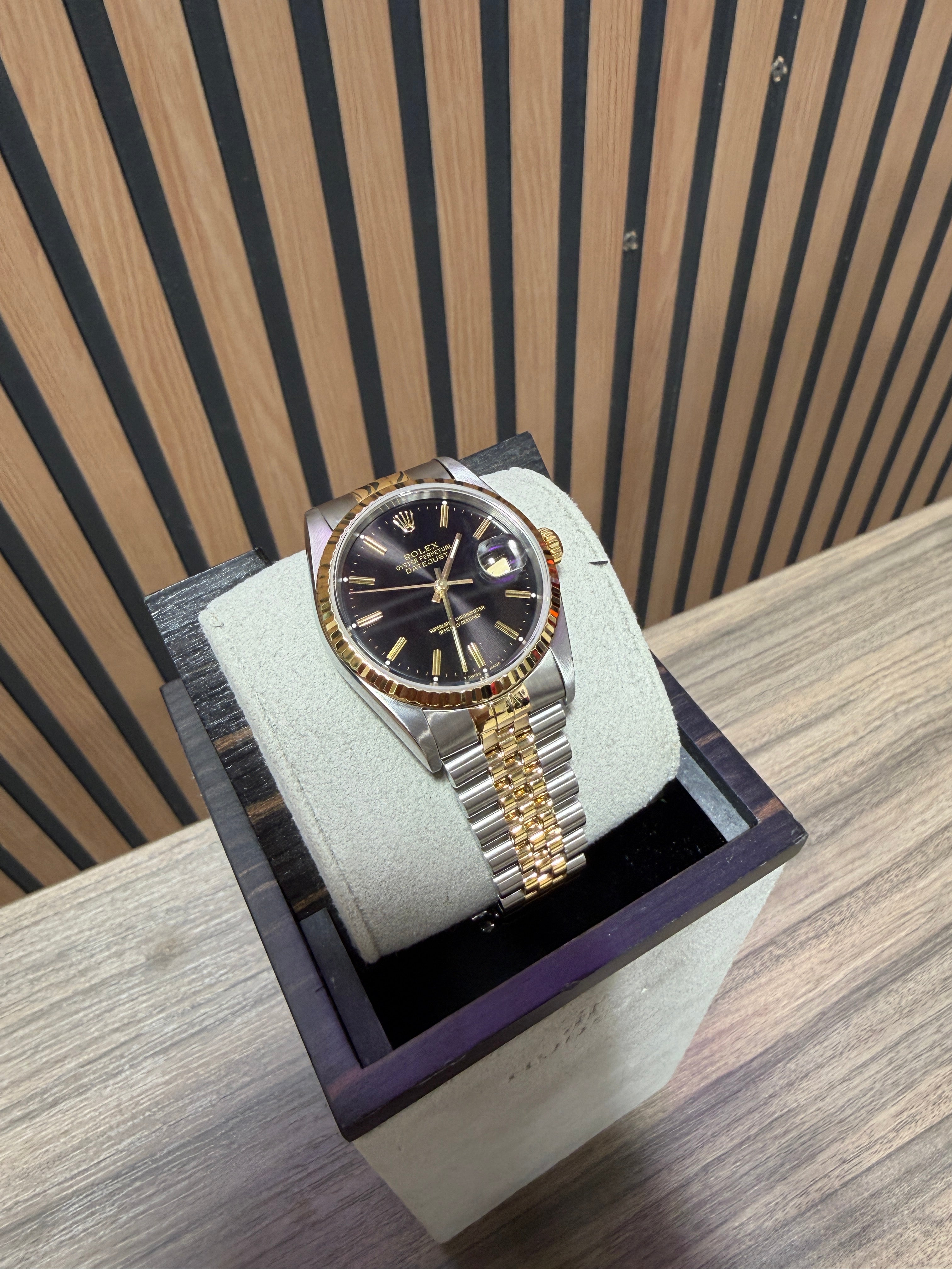 Rolex Datejust 36mm 16233 Black Stick Dial Two Tone Fluted Jubilee