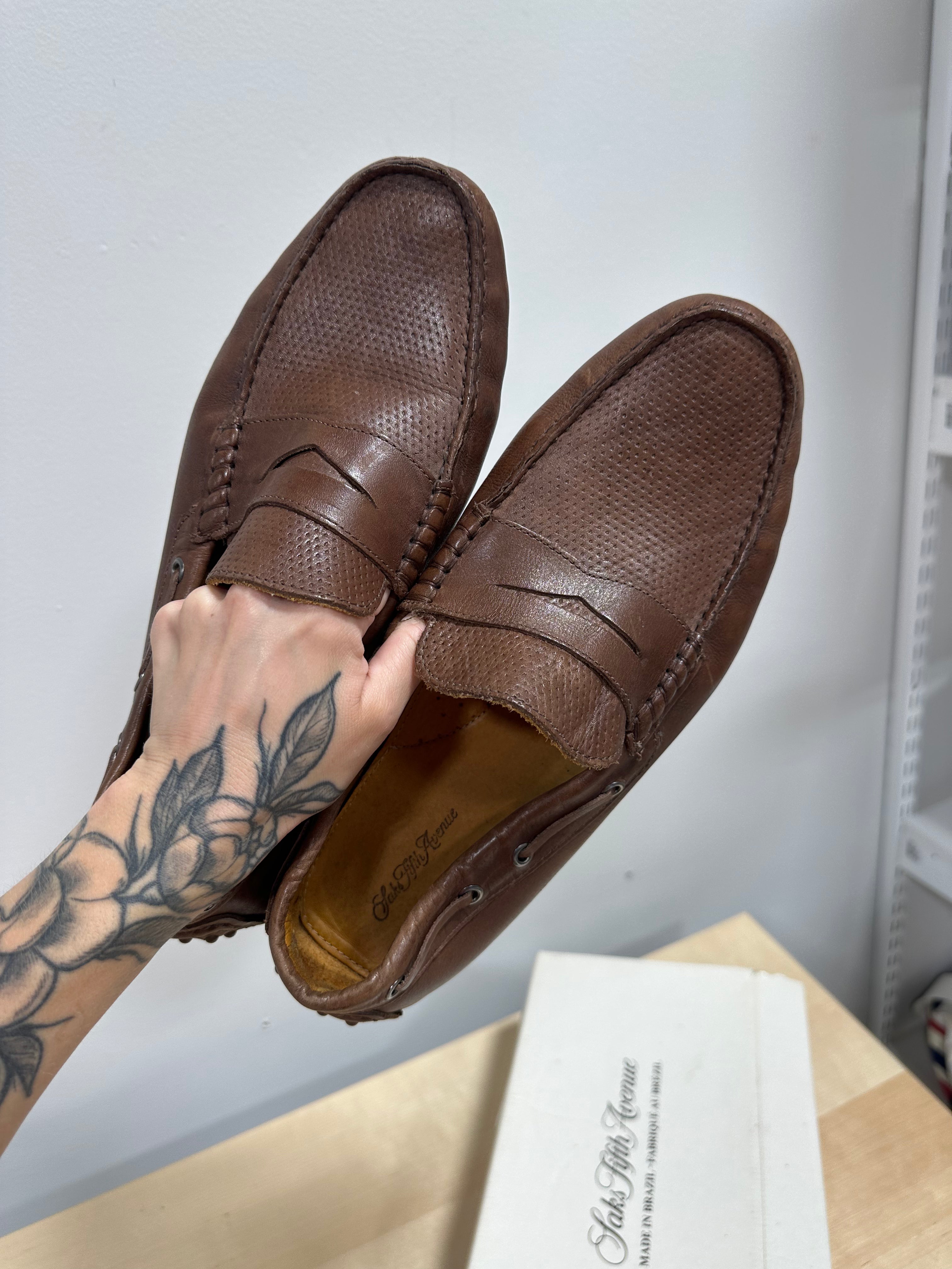 Saks Fifth Avenue brwn leather penny-style driving loafers men's sz 12