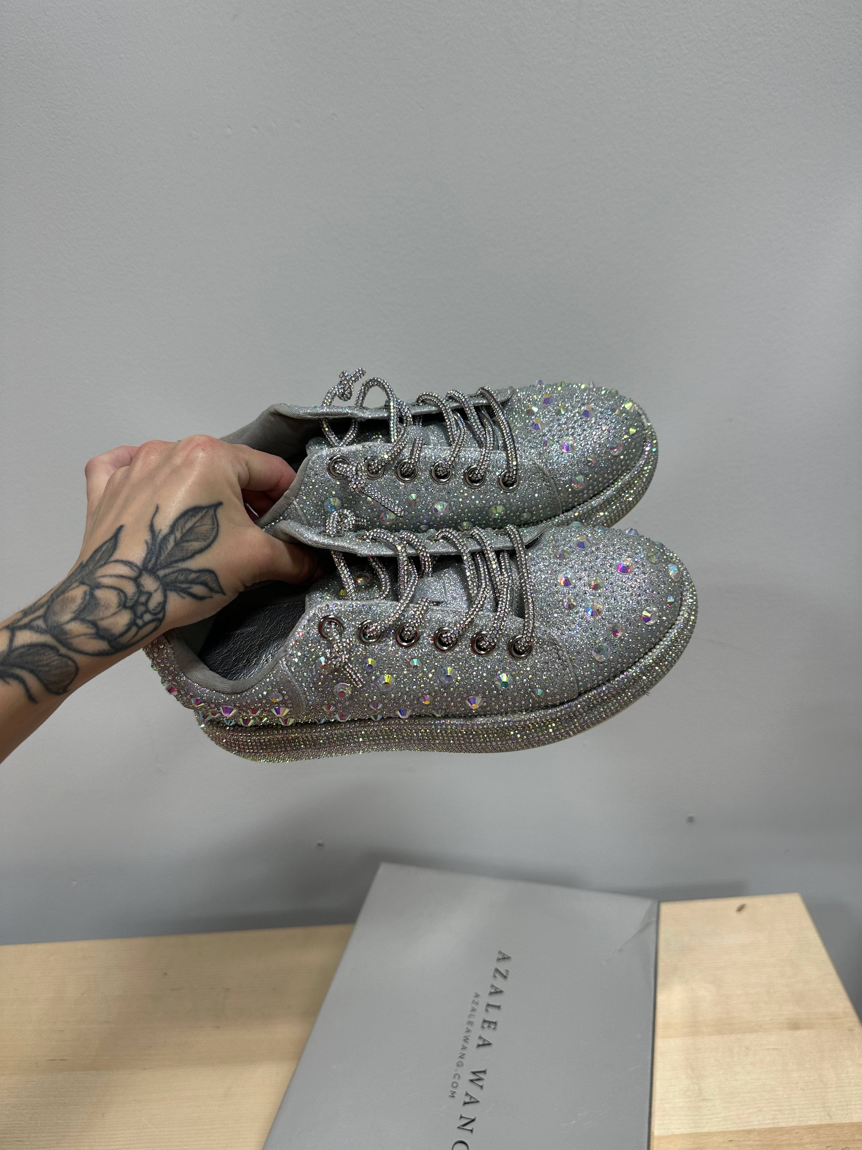 Azalea Wang Azure Silver Rhinestone Sneakers sz 7
