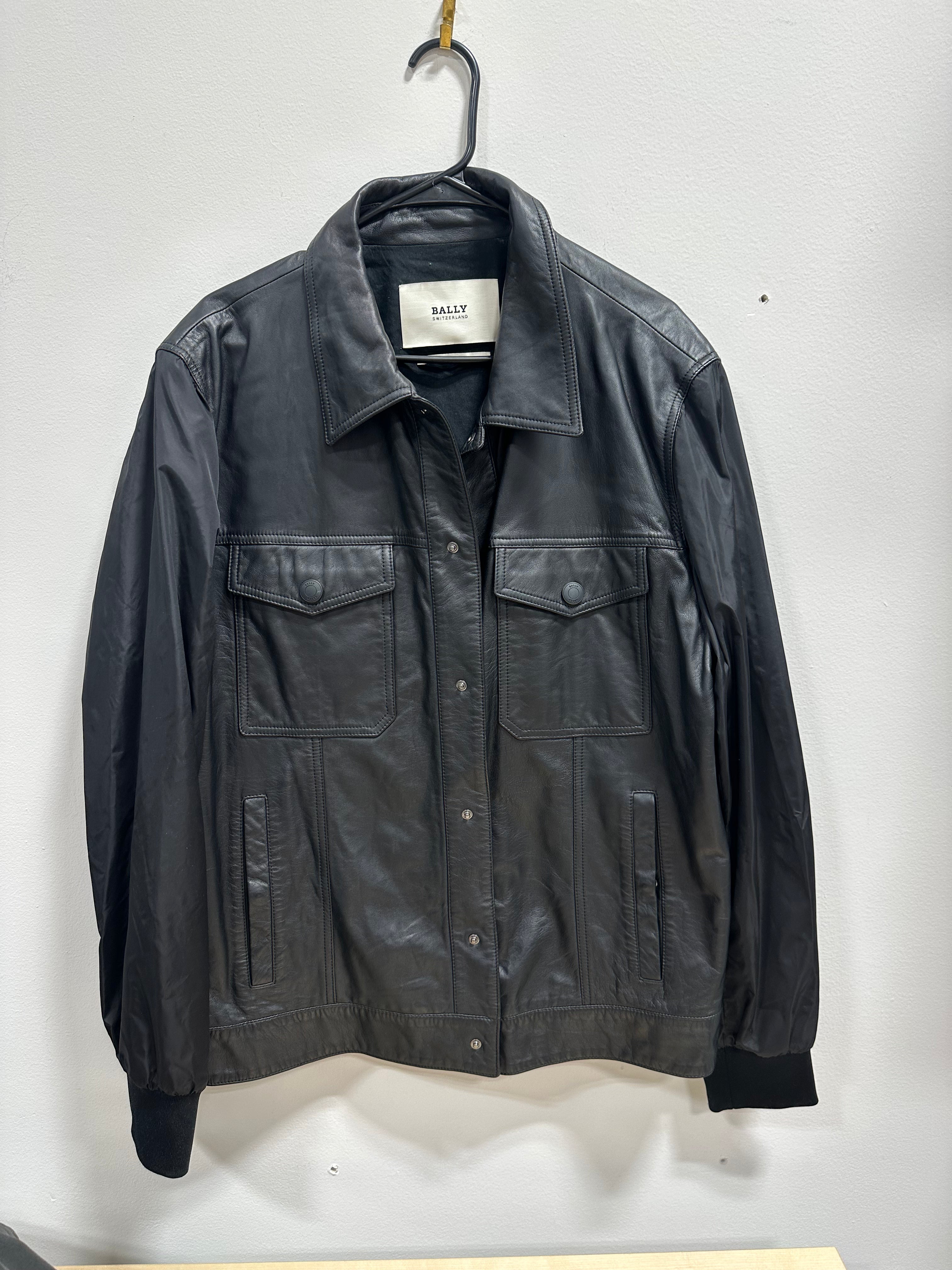 Bally black leather and nylon mixed-media jacket men's sz XL??