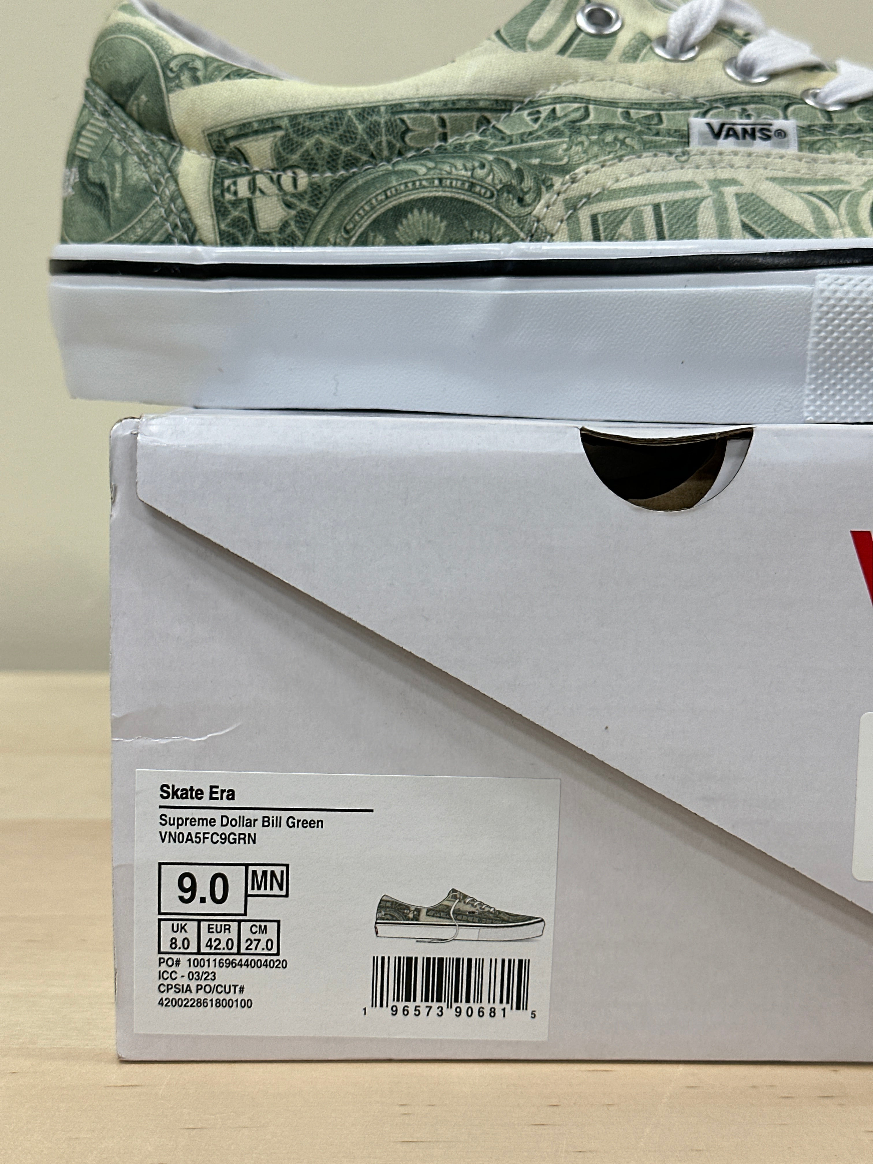 Vans Era x Supreme "Dollar Bill" Sz 9
