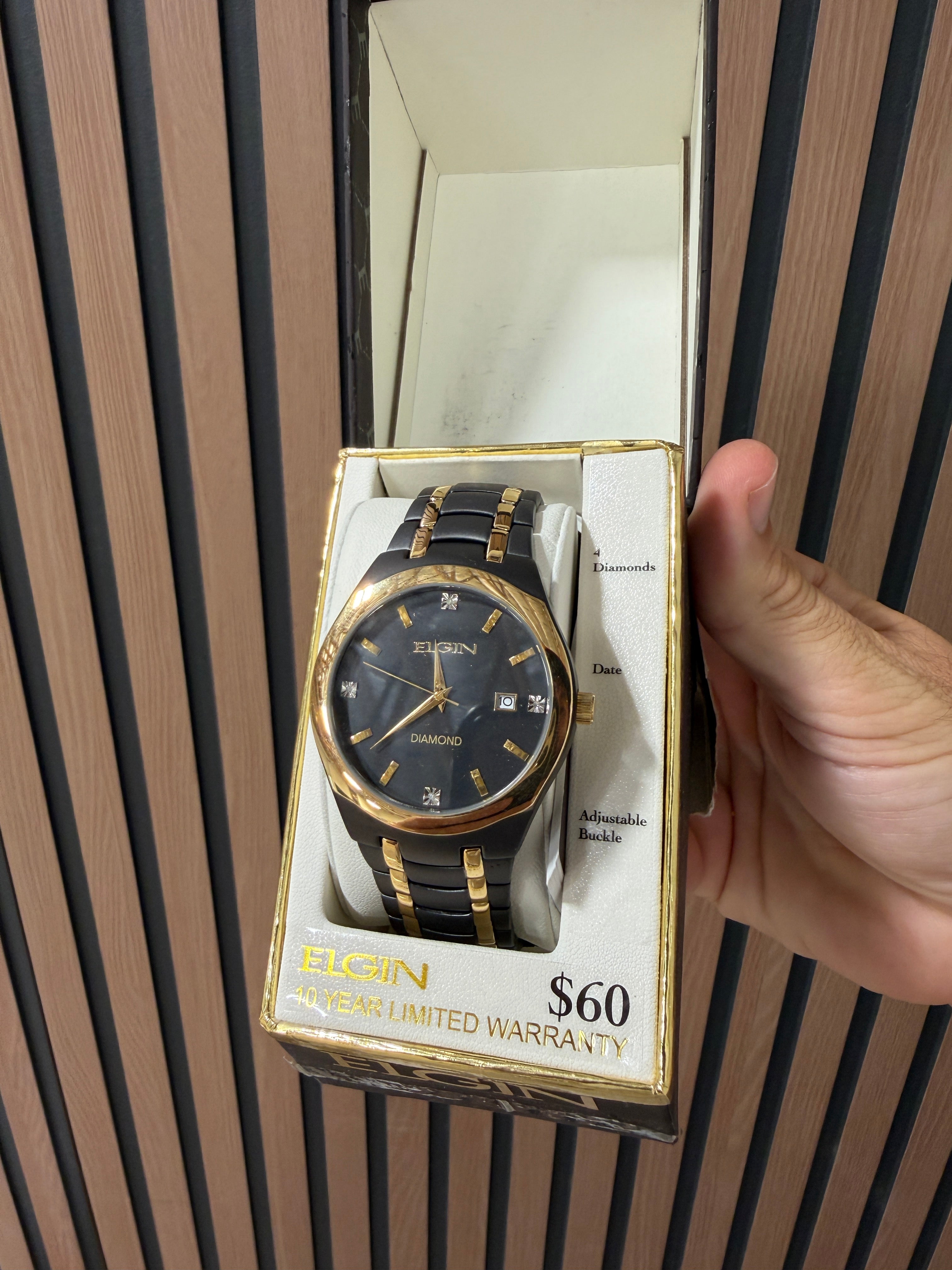 ELGIN MENS BLACK AND ROSE GOLD WITH DIAMOND TWO TONE WATCH