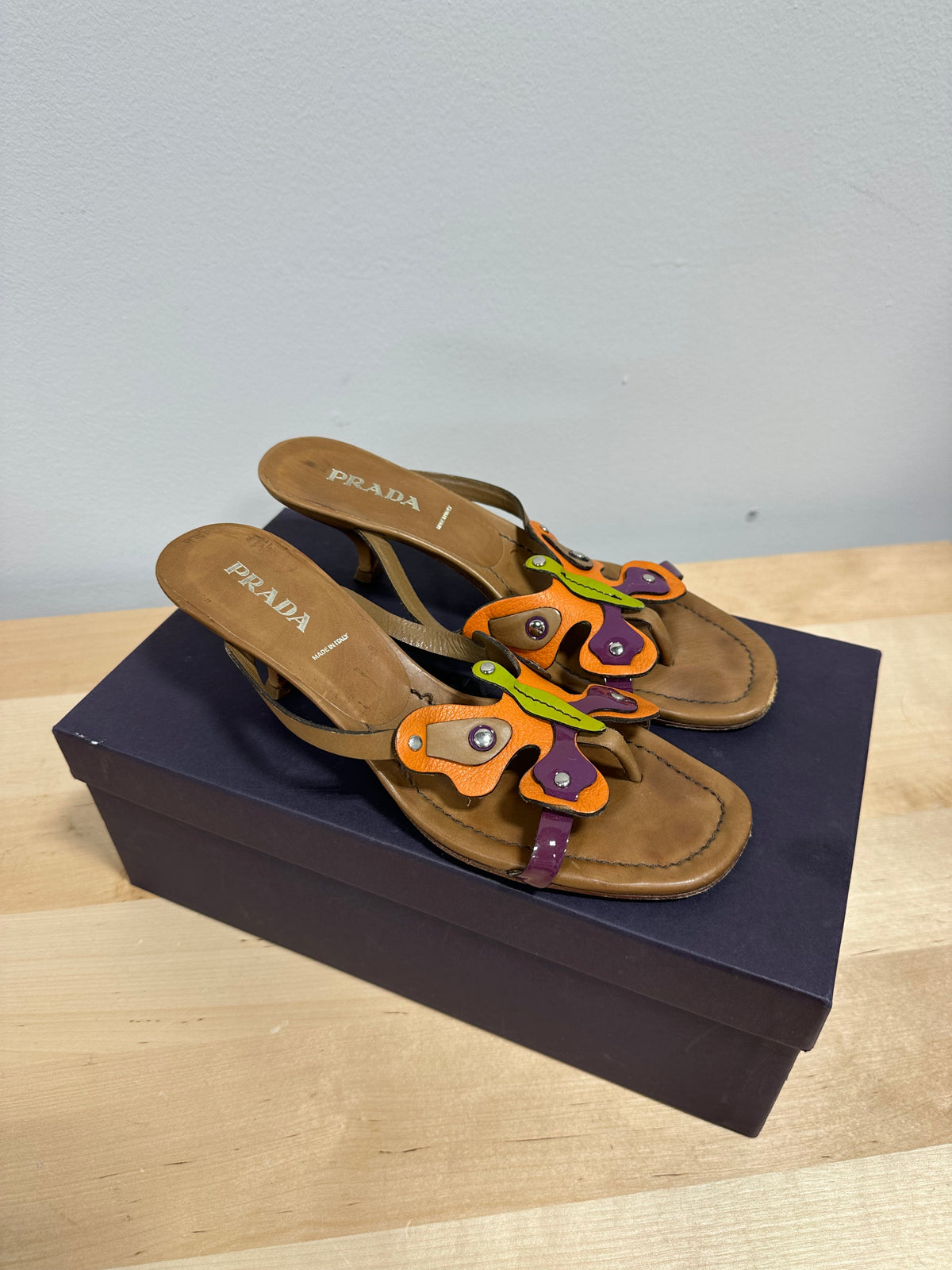 Vintage PRADA Leather Butterfly Kitten Heel Sandals - Multi-Color Tan - Size 37.5 (With Original Box)