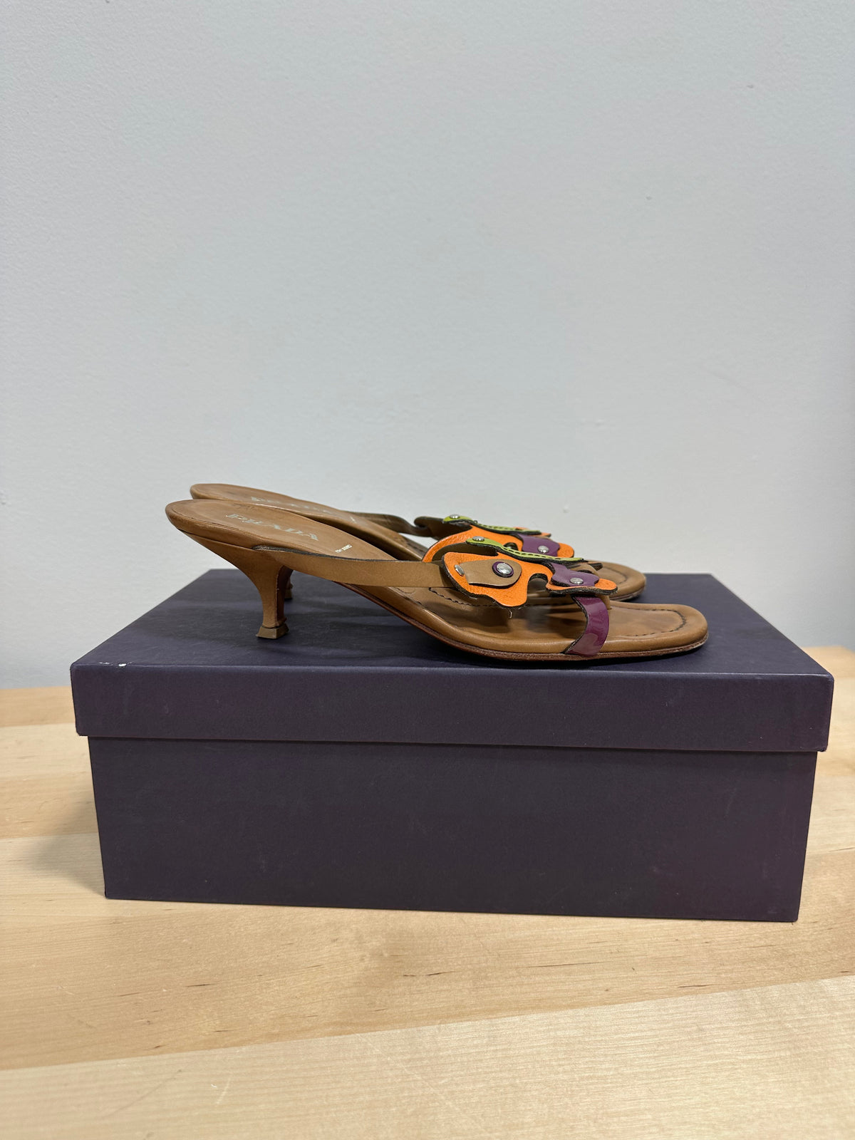 Vintage PRADA Leather Butterfly Kitten Heel Sandals - Multi-Color Tan - Size 37.5 (With Original Box)