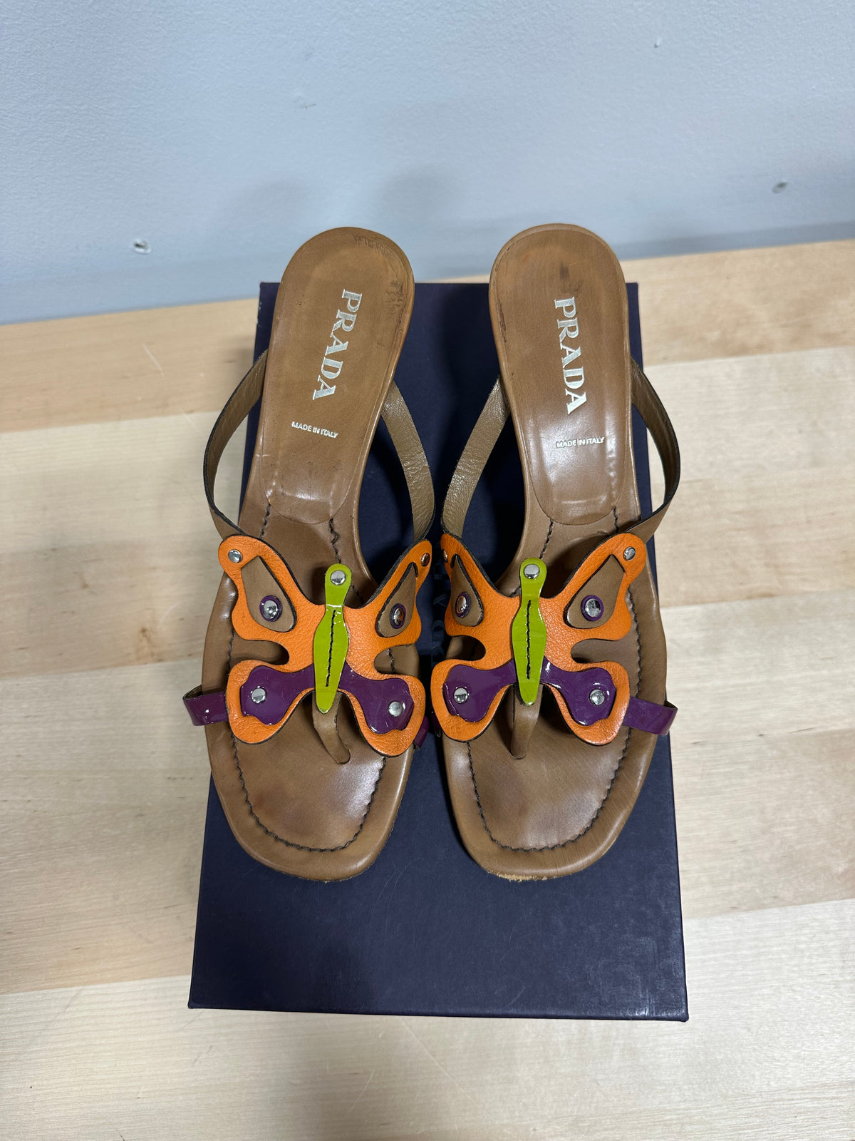 Vintage PRADA Leather Butterfly Kitten Heel Sandals - Multi-Color Tan - Size 37.5 (With Original Box)