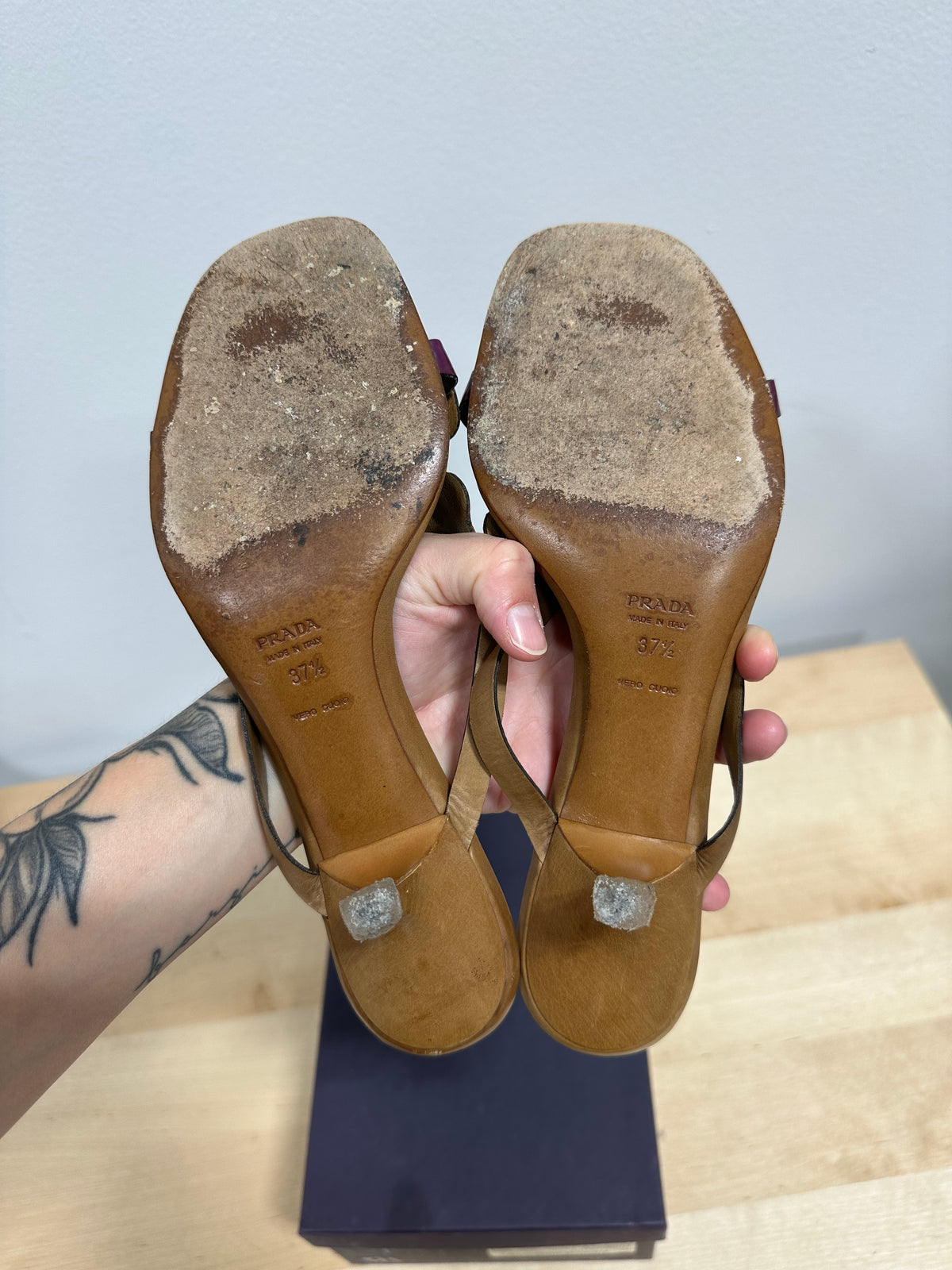 Vintage PRADA Leather Butterfly Kitten Heel Sandals - Multi-Color Tan - Size 37.5 (With Original Box)