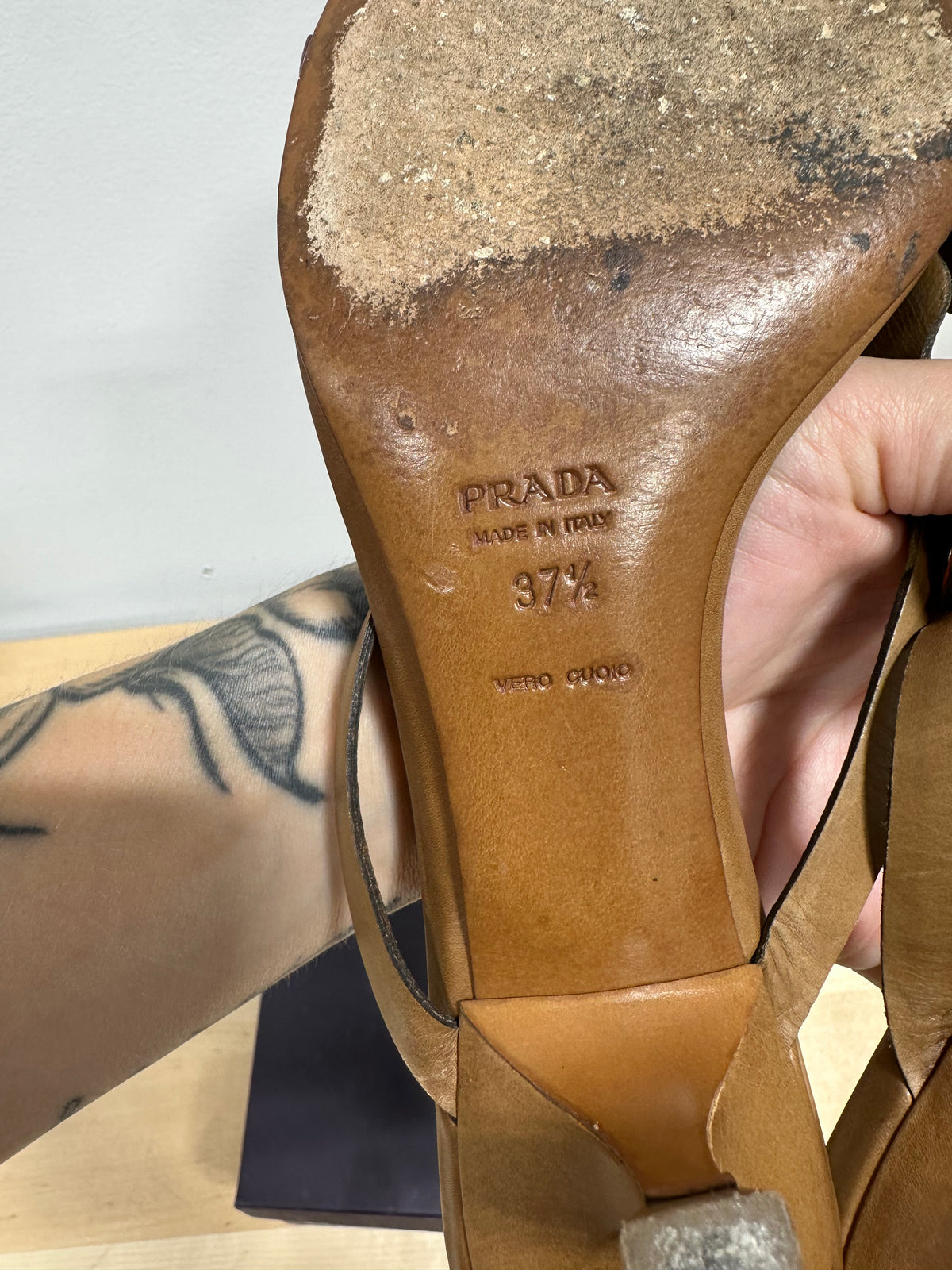 Vintage PRADA Leather Butterfly Kitten Heel Sandals - Multi-Color Tan - Size 37.5 (With Original Box)