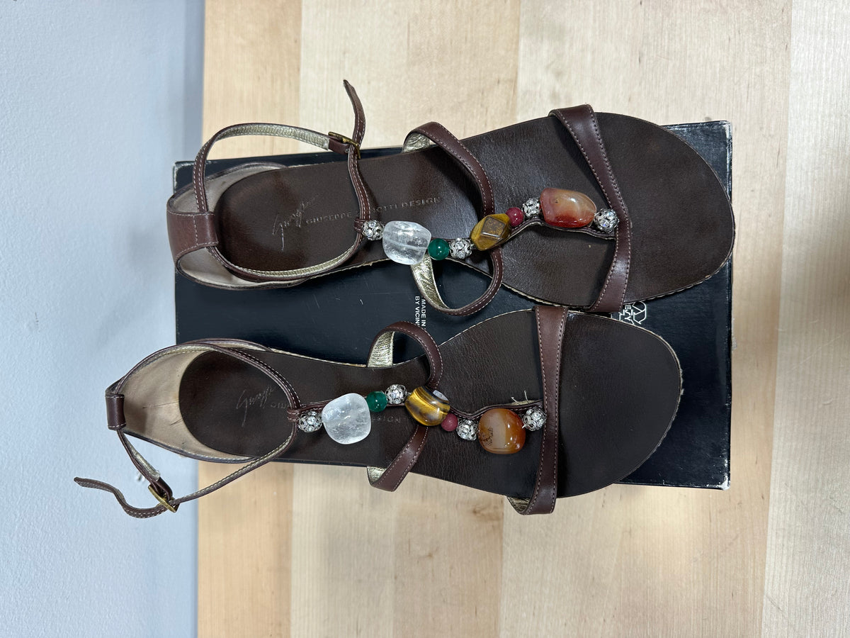 Vintage GIUSEPPE ZANOTTI "JOP 10 Bill" Gemstone Leather T-Strap Flat Sandals - T.Moro Brown - Size 8B (With Original Box)