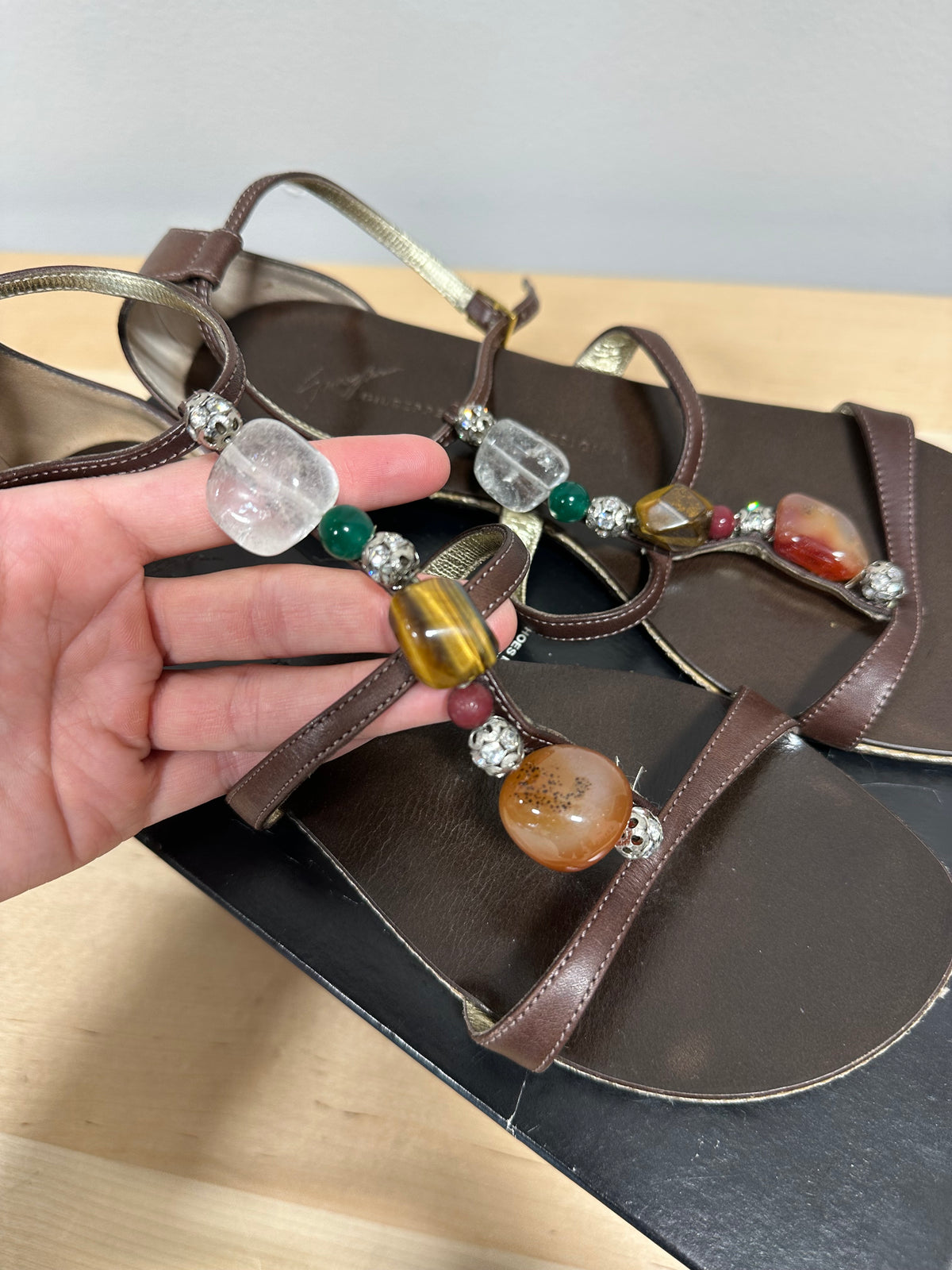 Vintage GIUSEPPE ZANOTTI "JOP 10 Bill" Gemstone Leather T-Strap Flat Sandals - T.Moro Brown - Size 8B (With Original Box)