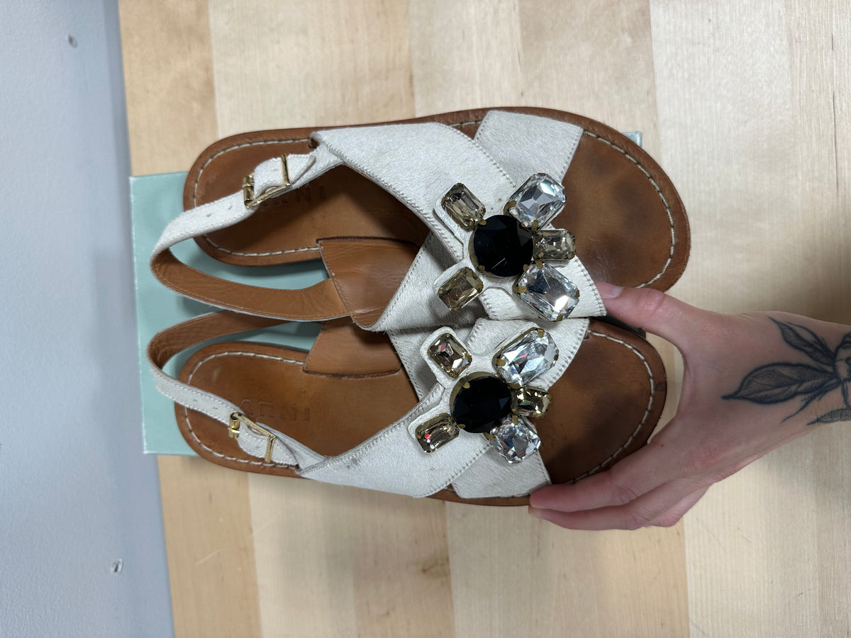 MARNI Crystal Embellished Calf Hair Criss-Cross Slingback Sandals - Off-White/Tan - Size 38