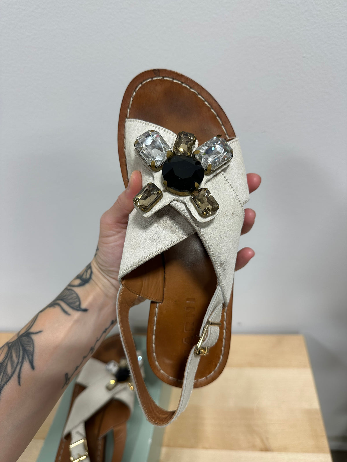 MARNI Crystal Embellished Calf Hair Criss-Cross Slingback Sandals - Off-White/Tan - Size 38
