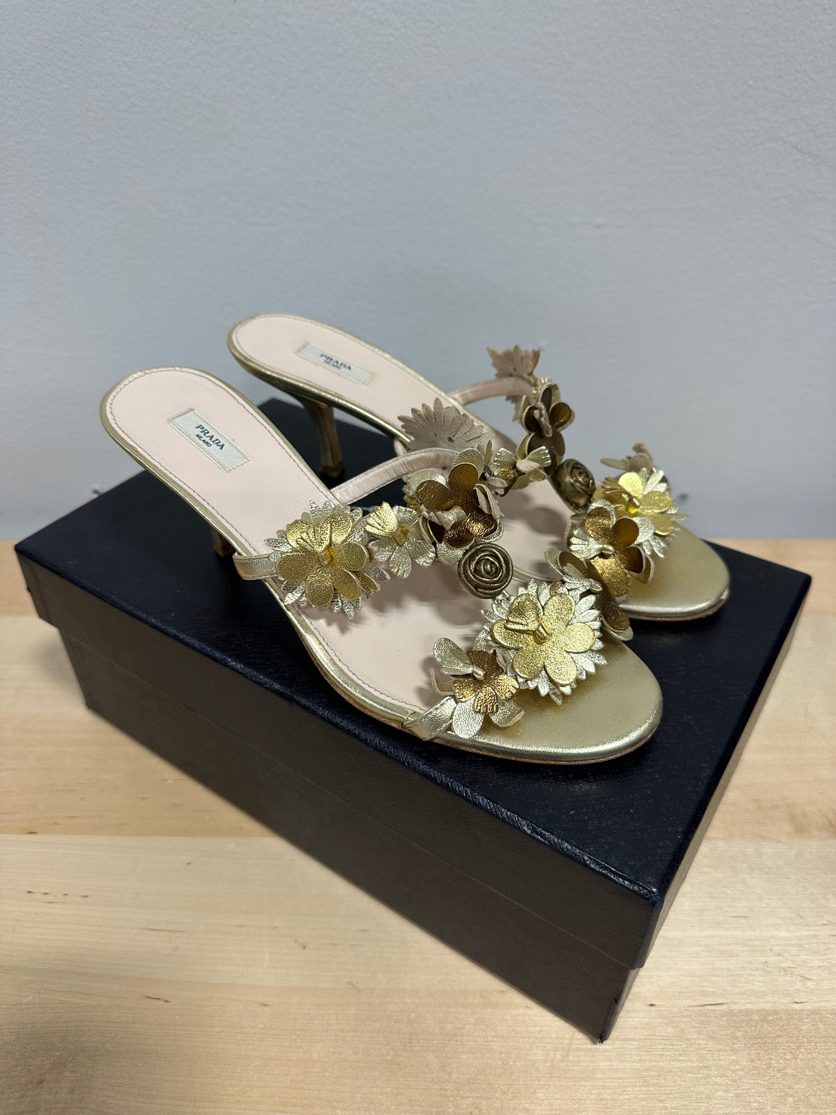 Vintage PRADA "Silk Garden" Metallic Flower Kitten Heel Mules - Oro Gold - Size 37.5 (With Original Box)