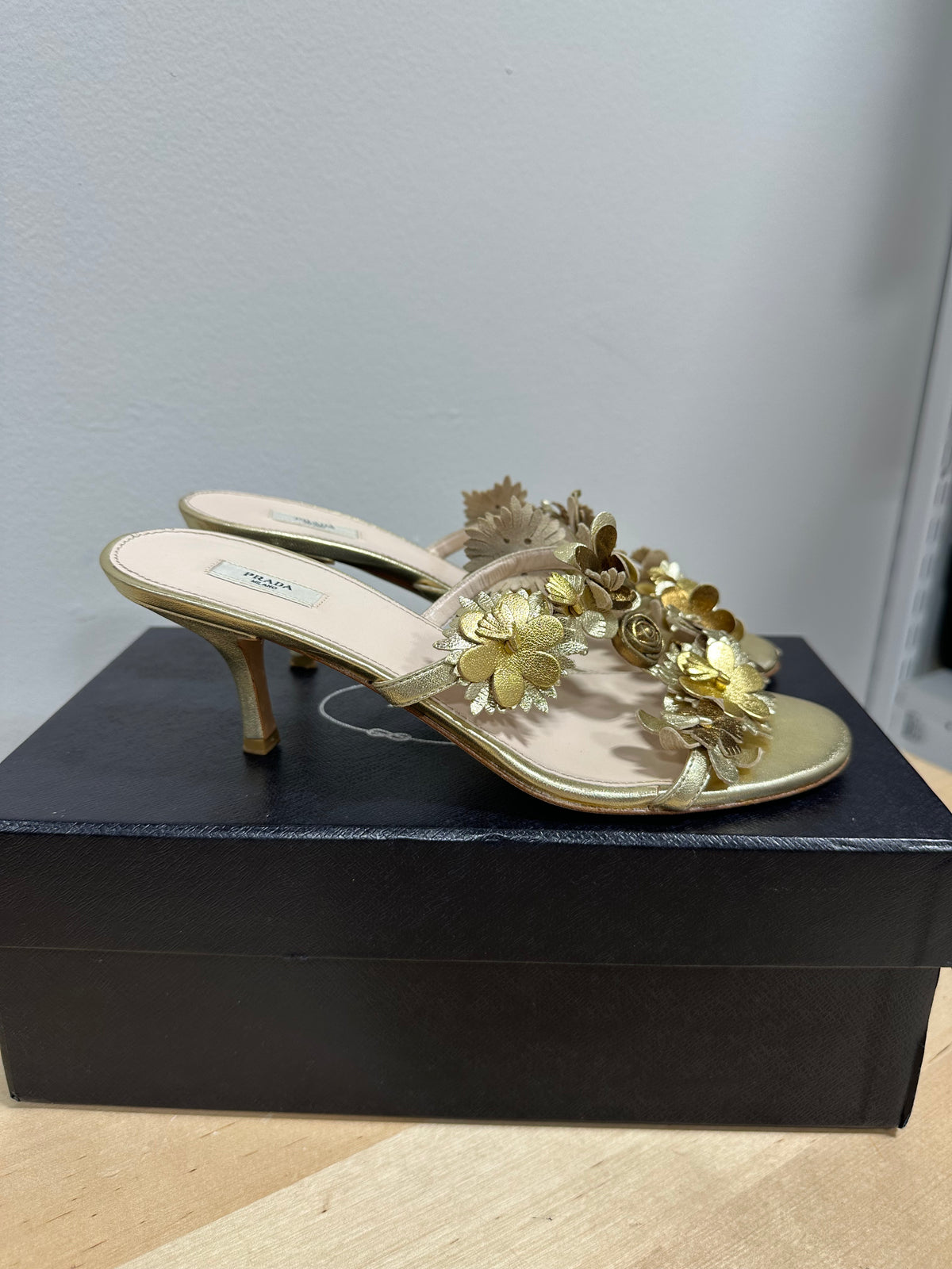 Vintage PRADA "Silk Garden" Metallic Flower Kitten Heel Mules - Oro Gold - Size 37.5 (With Original Box)