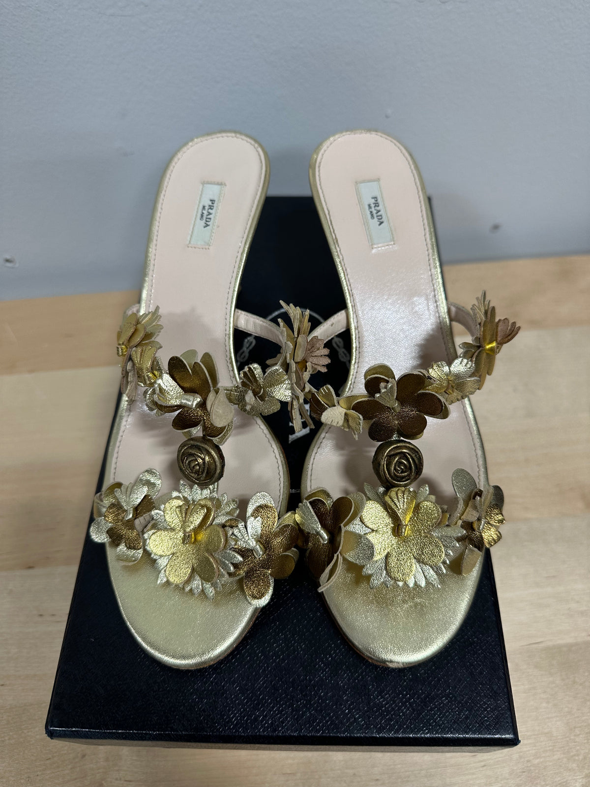 Vintage PRADA "Silk Garden" Metallic Flower Kitten Heel Mules - Oro Gold - Size 37.5 (With Original Box)