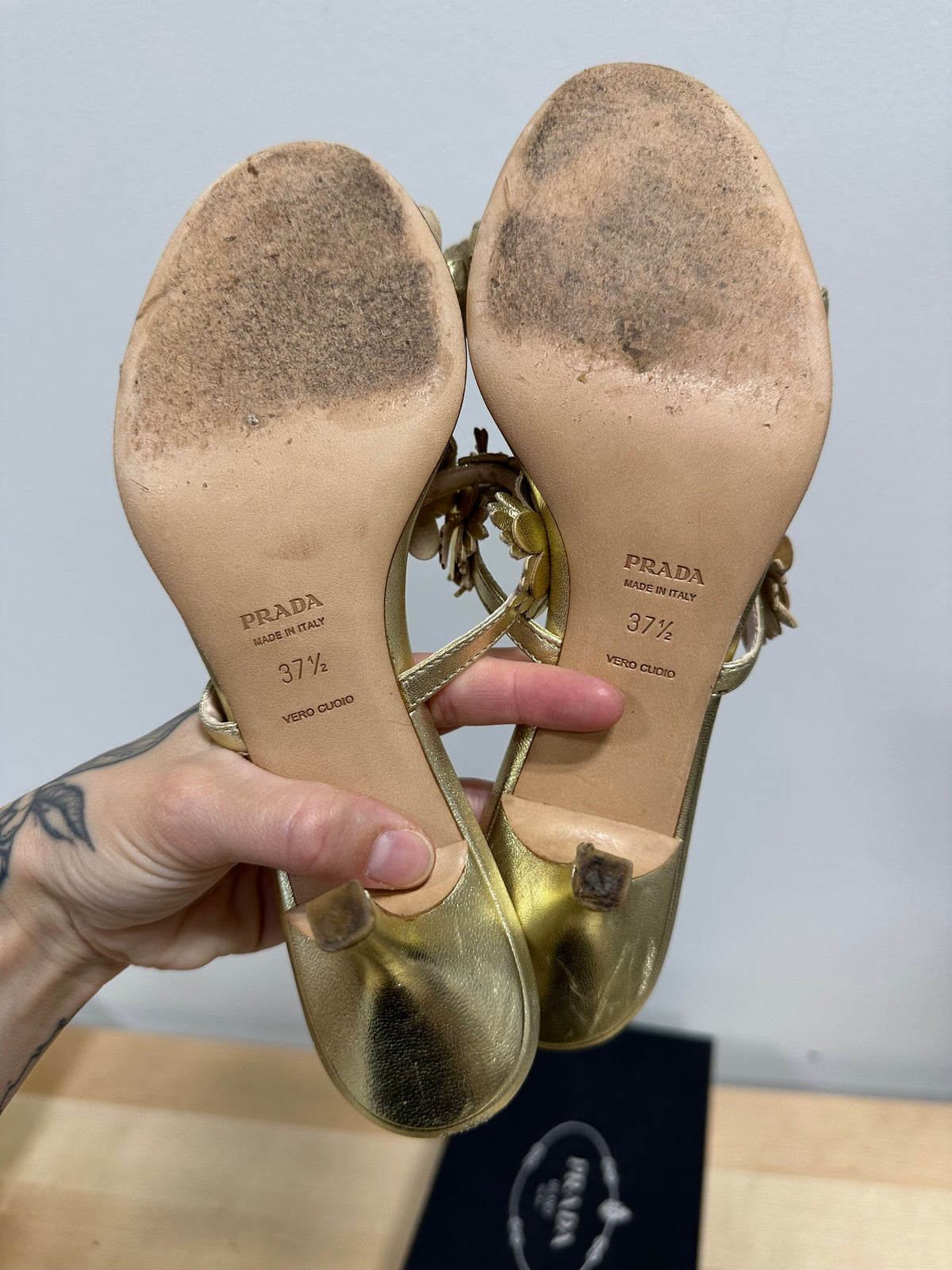 Vintage PRADA "Silk Garden" Metallic Flower Kitten Heel Mules - Oro Gold - Size 37.5 (With Original Box)
