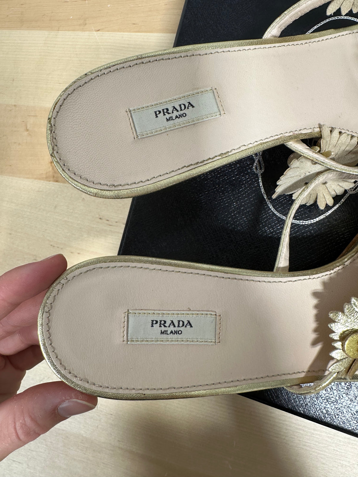 Vintage PRADA "Silk Garden" Metallic Flower Kitten Heel Mules - Oro Gold - Size 37.5 (With Original Box)
