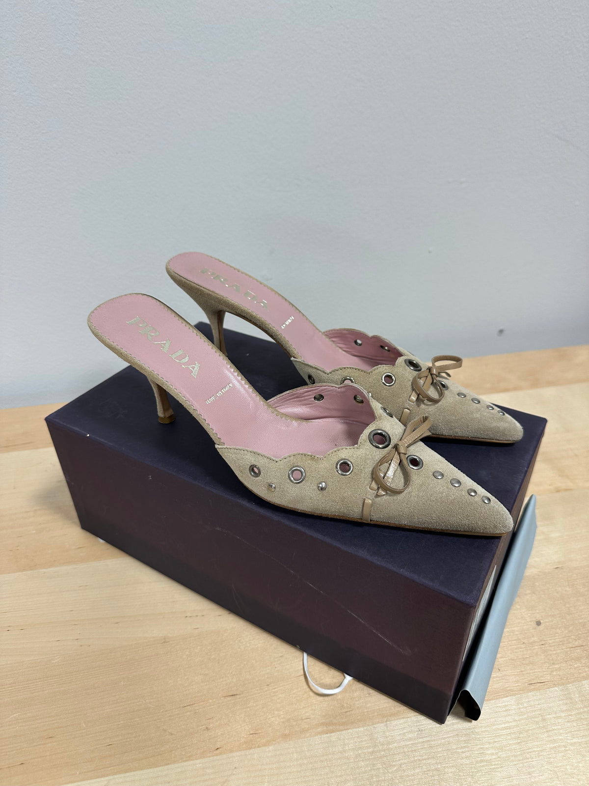 Vintage PRADA "Scamosciato" Studded Suede Pointed Mules - Sabbia Beige - Size 37.5 (With Original Box)