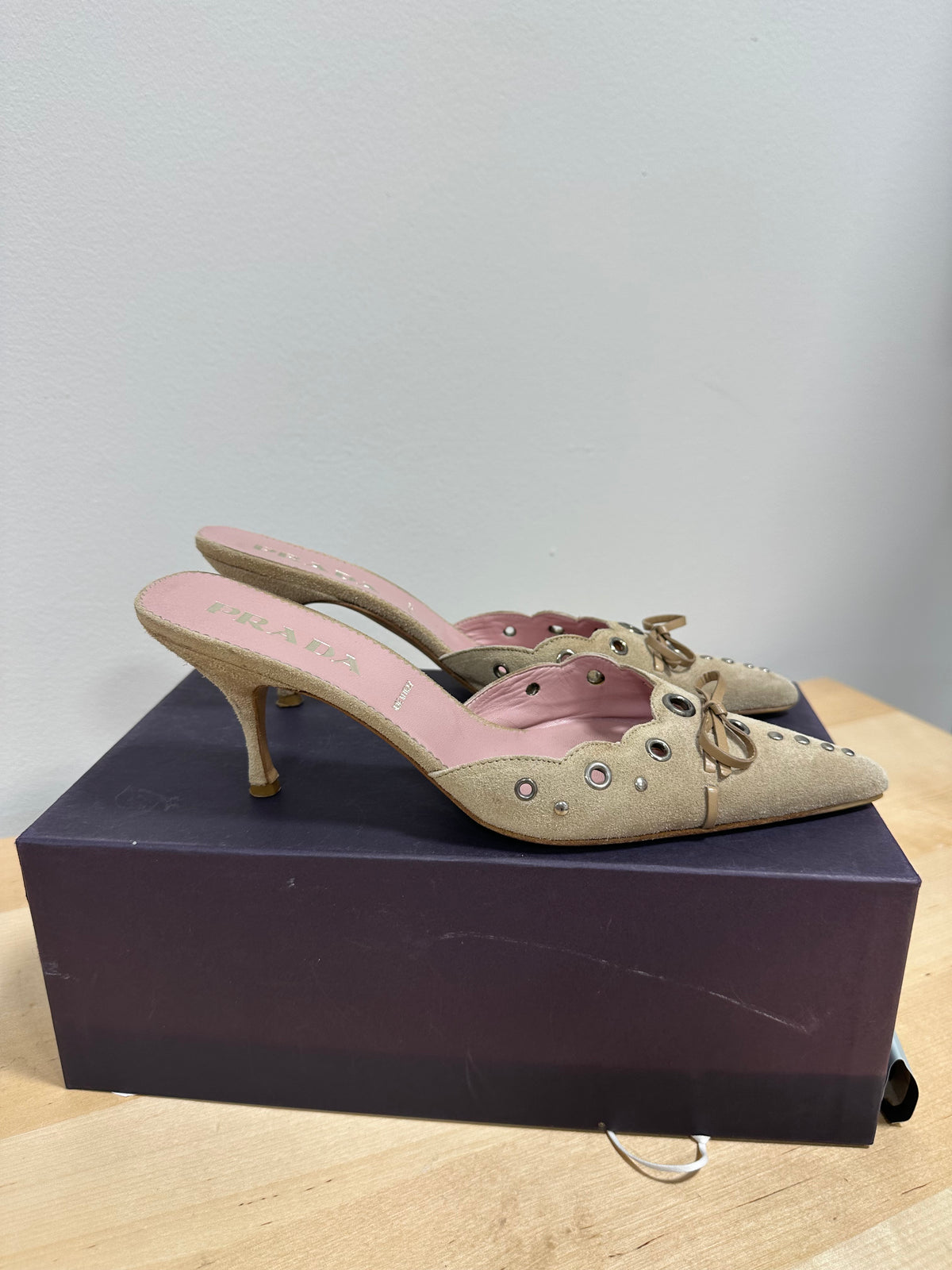 Vintage PRADA "Scamosciato" Studded Suede Pointed Mules - Sabbia Beige - Size 37.5 (With Original Box)