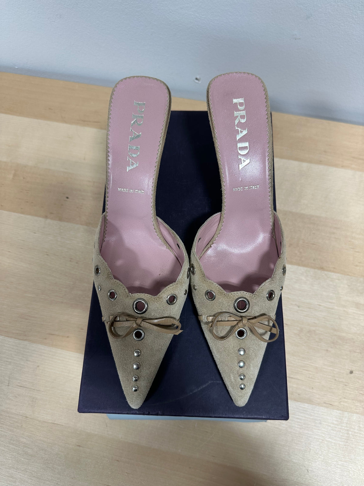 Vintage PRADA "Scamosciato" Studded Suede Pointed Mules - Sabbia Beige - Size 37.5 (With Original Box)