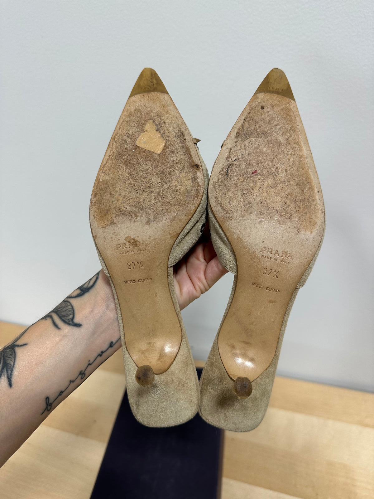 Vintage PRADA "Scamosciato" Studded Suede Pointed Mules - Sabbia Beige - Size 37.5 (With Original Box)