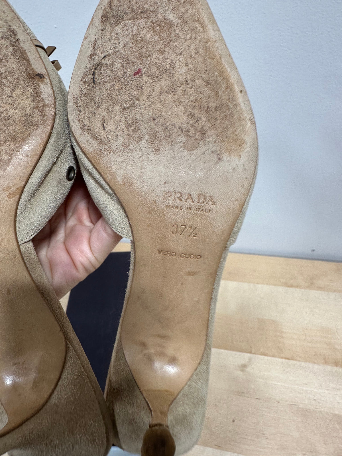 Vintage PRADA "Scamosciato" Studded Suede Pointed Mules - Sabbia Beige - Size 37.5 (With Original Box)