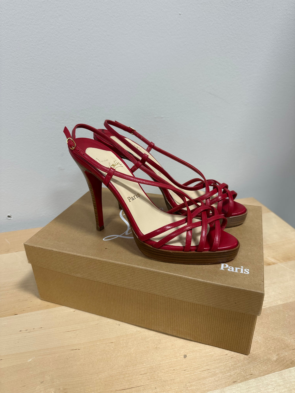 Vintage CHRISTIAN LOUBOUTIN Red Leather Strappy Wooden Platform Sandals - Size 37.5 (With Original Box)