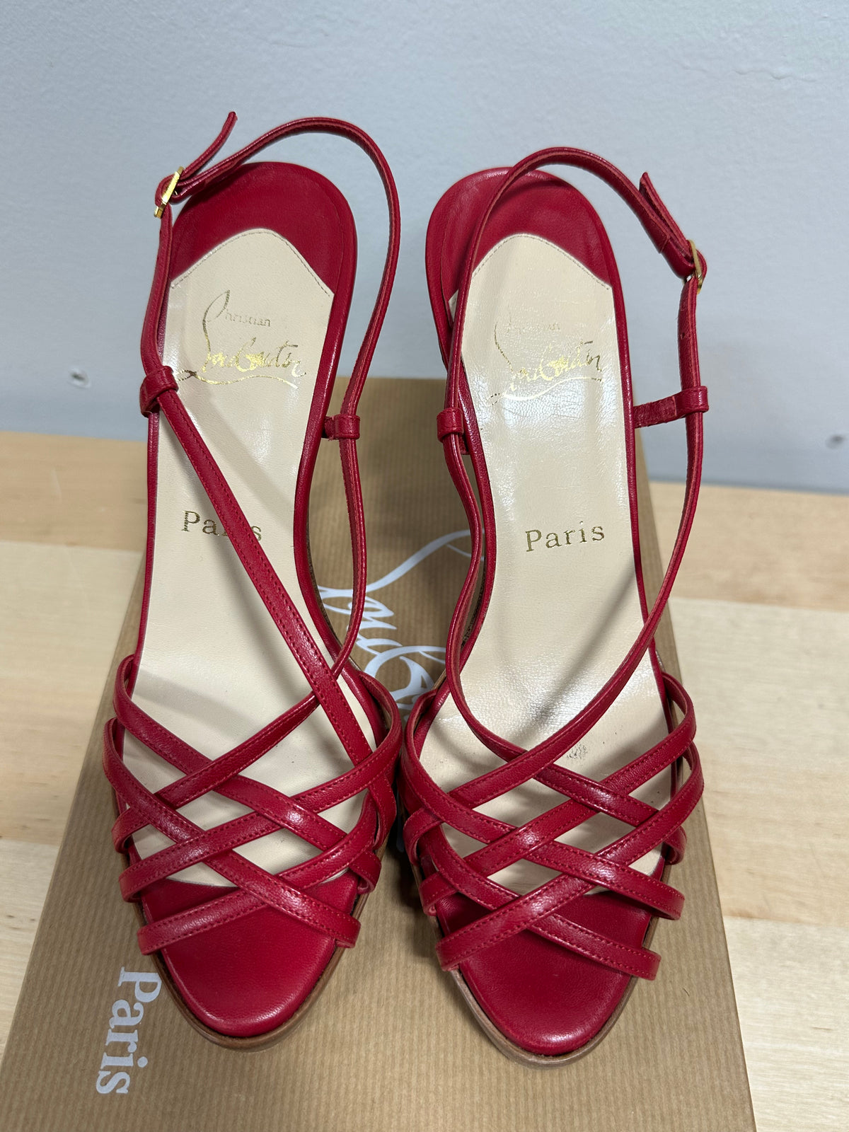 Vintage CHRISTIAN LOUBOUTIN Red Leather Strappy Wooden Platform Sandals - Size 37.5 (With Original Box)