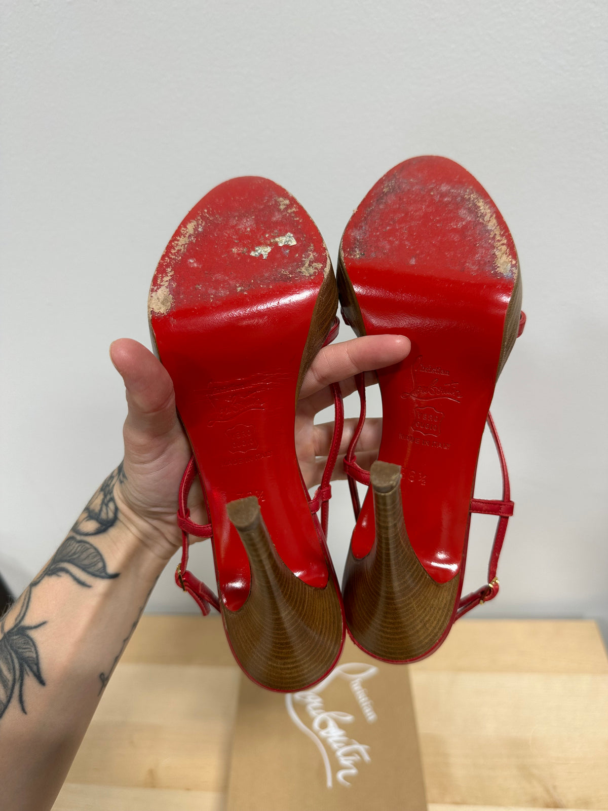 Vintage CHRISTIAN LOUBOUTIN Red Leather Strappy Wooden Platform Sandals - Size 37.5 (With Original Box)