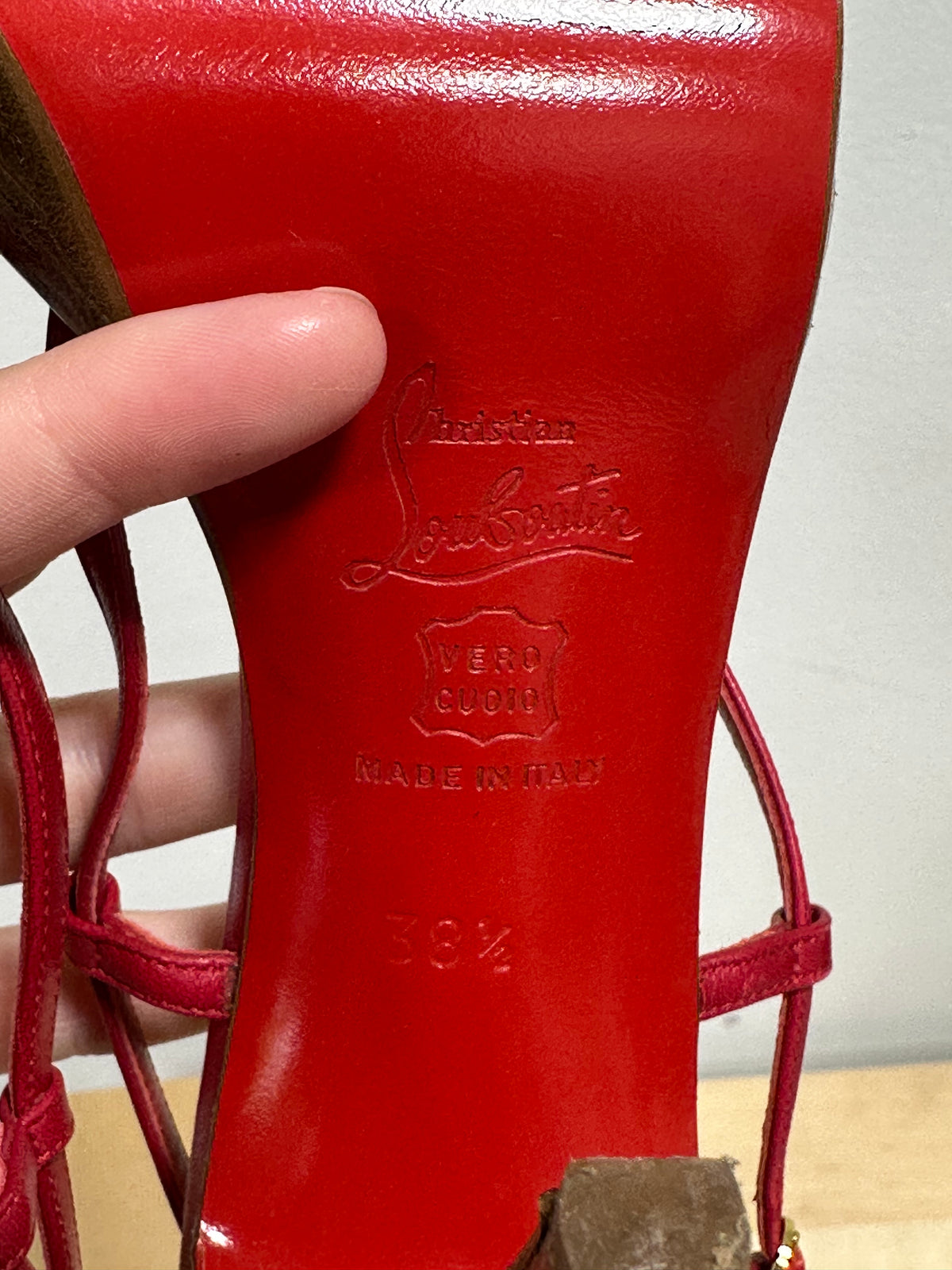 Vintage CHRISTIAN LOUBOUTIN Red Leather Strappy Wooden Platform Sandals - Size 37.5 (With Original Box)