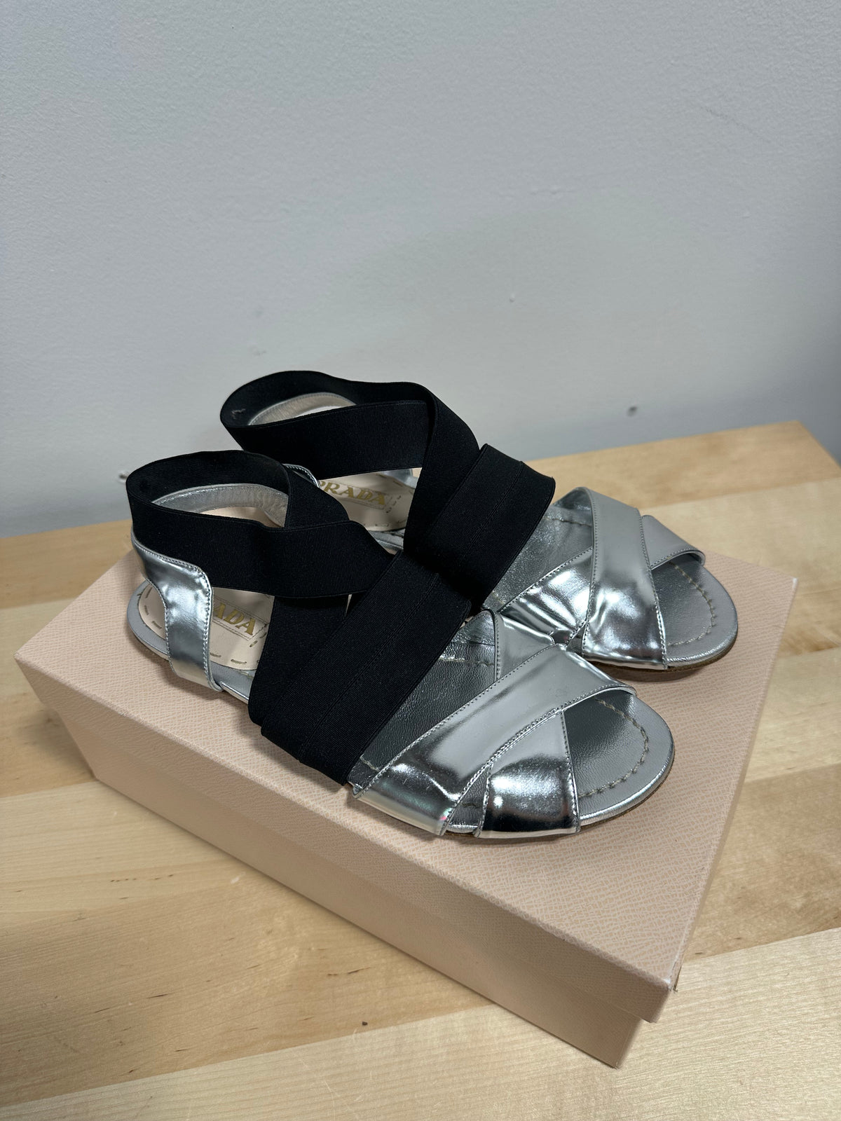 Vintage PRADA "Temple Sand" Metallic Silver & Elastic Flat Sandals - SS11 - Size 37.5 (With Original Box)