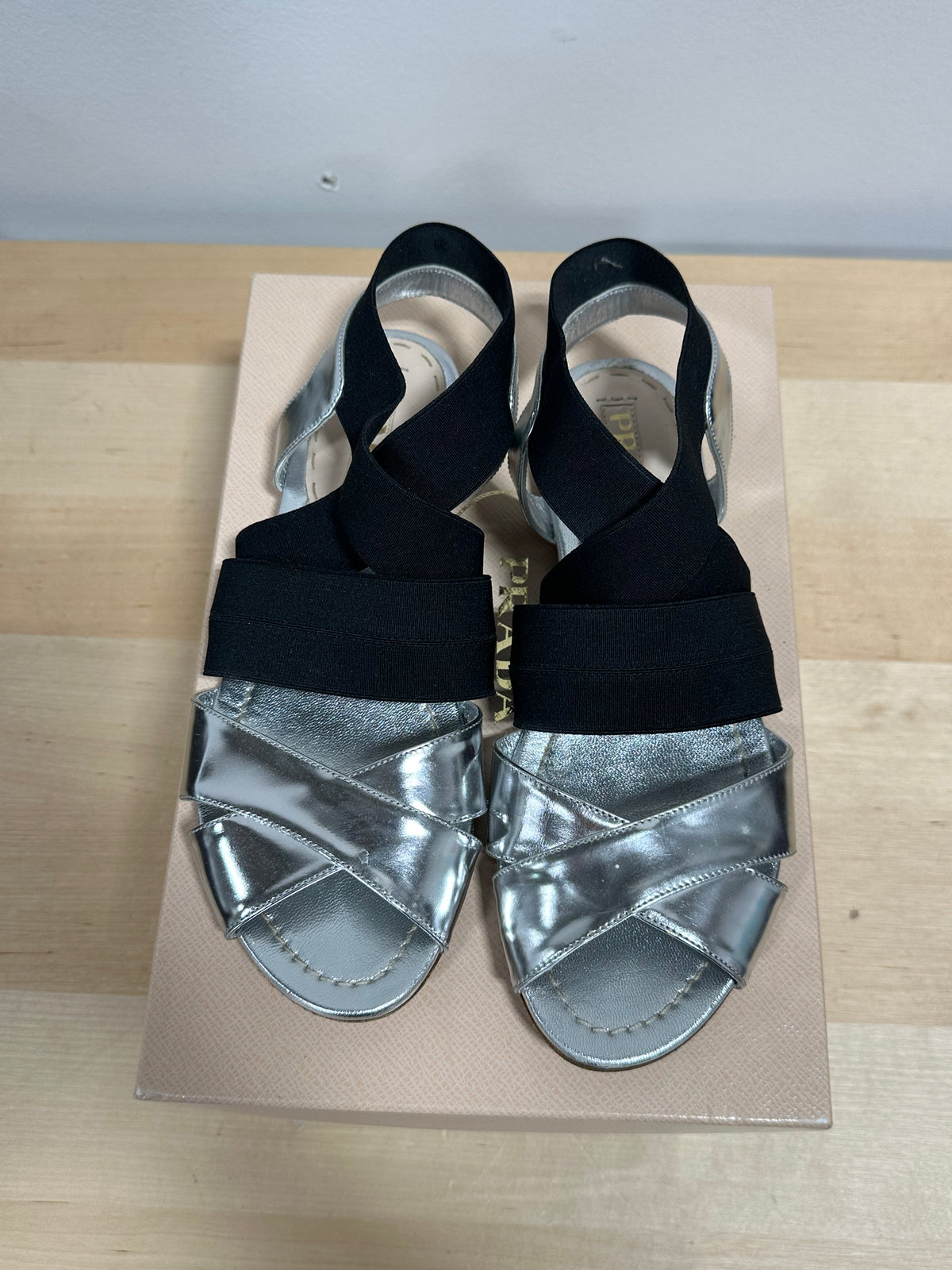 Vintage PRADA "Temple Sand" Metallic Silver & Elastic Flat Sandals - SS11 - Size 37.5 (With Original Box)