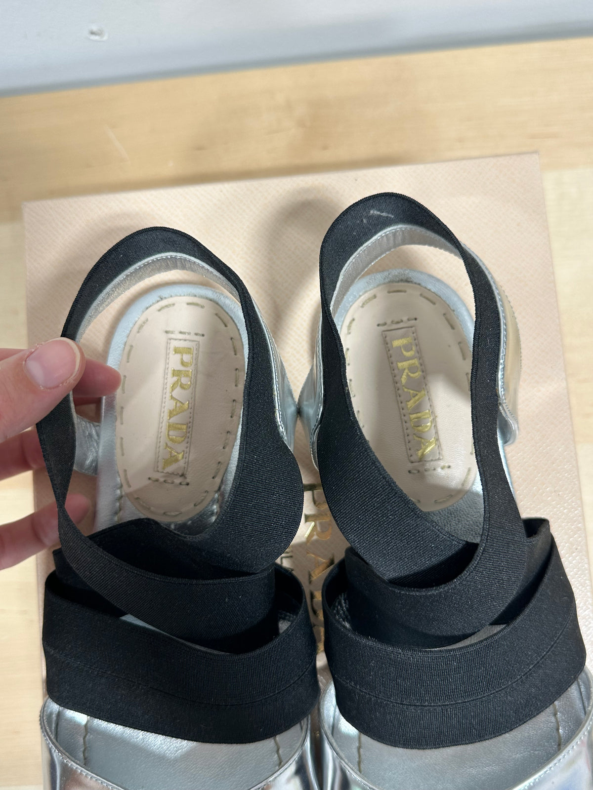 Vintage PRADA "Temple Sand" Metallic Silver & Elastic Flat Sandals - SS11 - Size 37.5 (With Original Box)