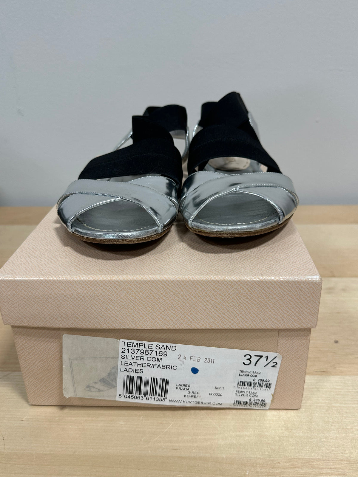 Vintage PRADA "Temple Sand" Metallic Silver & Elastic Flat Sandals - SS11 - Size 37.5 (With Original Box)
