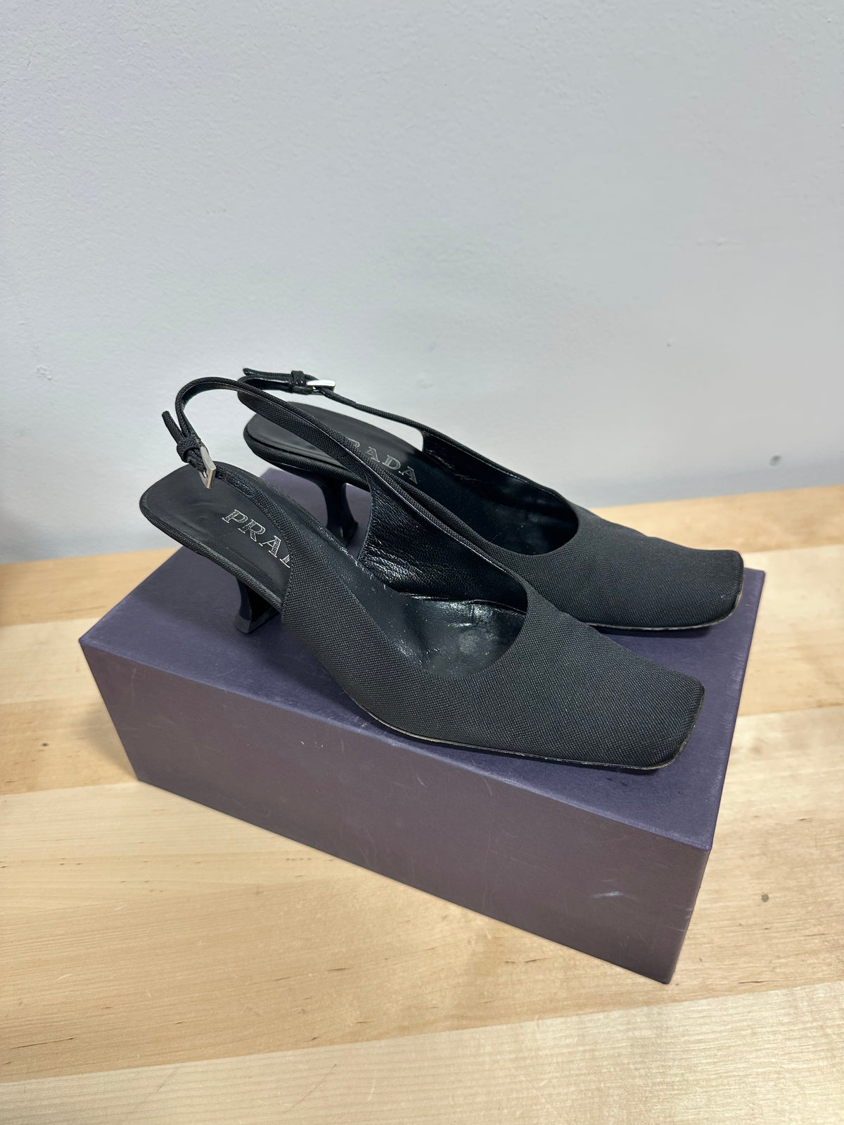 Vintage PRADA "Canvas Tech" Square Toe Slingback Pumps - Nero Black - Size 37.5 (With Original Box)