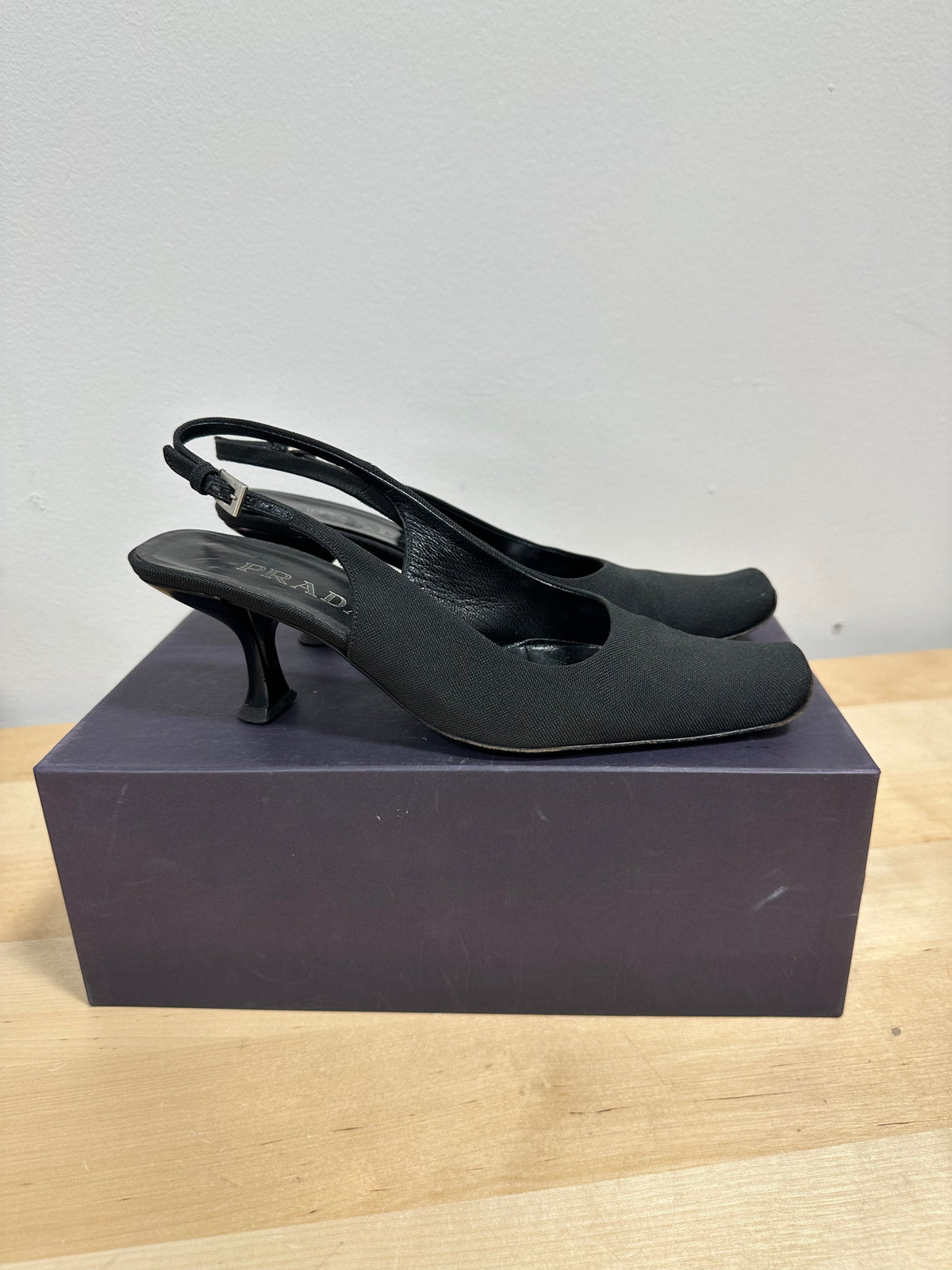 Vintage PRADA "Canvas Tech" Square Toe Slingback Pumps - Nero Black - Size 37.5 (With Original Box)