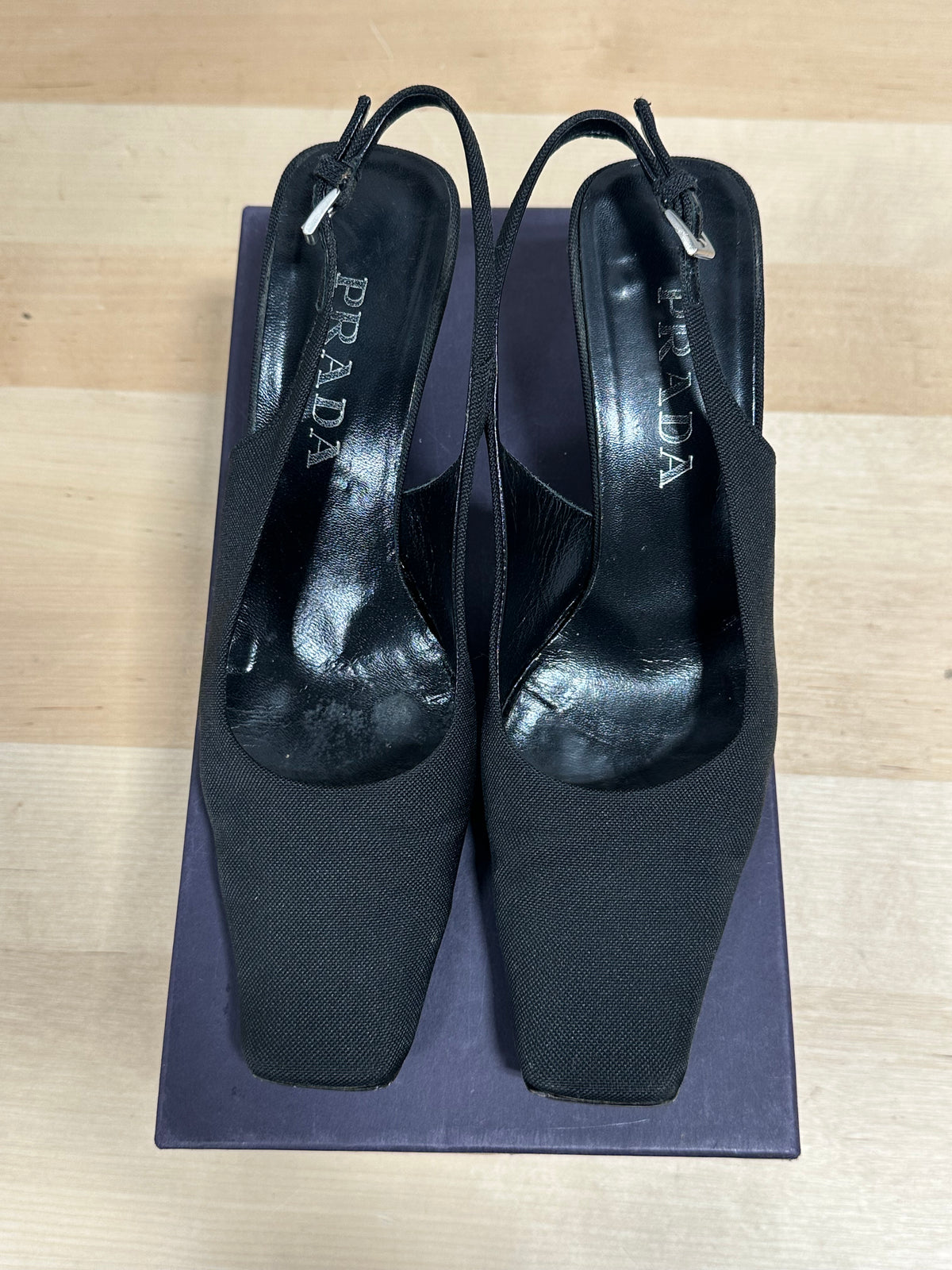 Vintage PRADA "Canvas Tech" Square Toe Slingback Pumps - Nero Black - Size 37.5 (With Original Box)