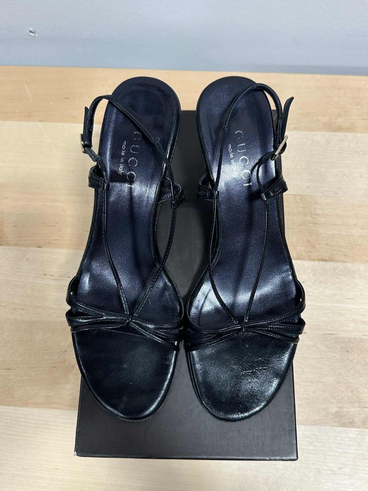 Vintage GUCCI Minimalist Skinny Multi-Strap Kitten Heel Sandals - Black - Size 7.5