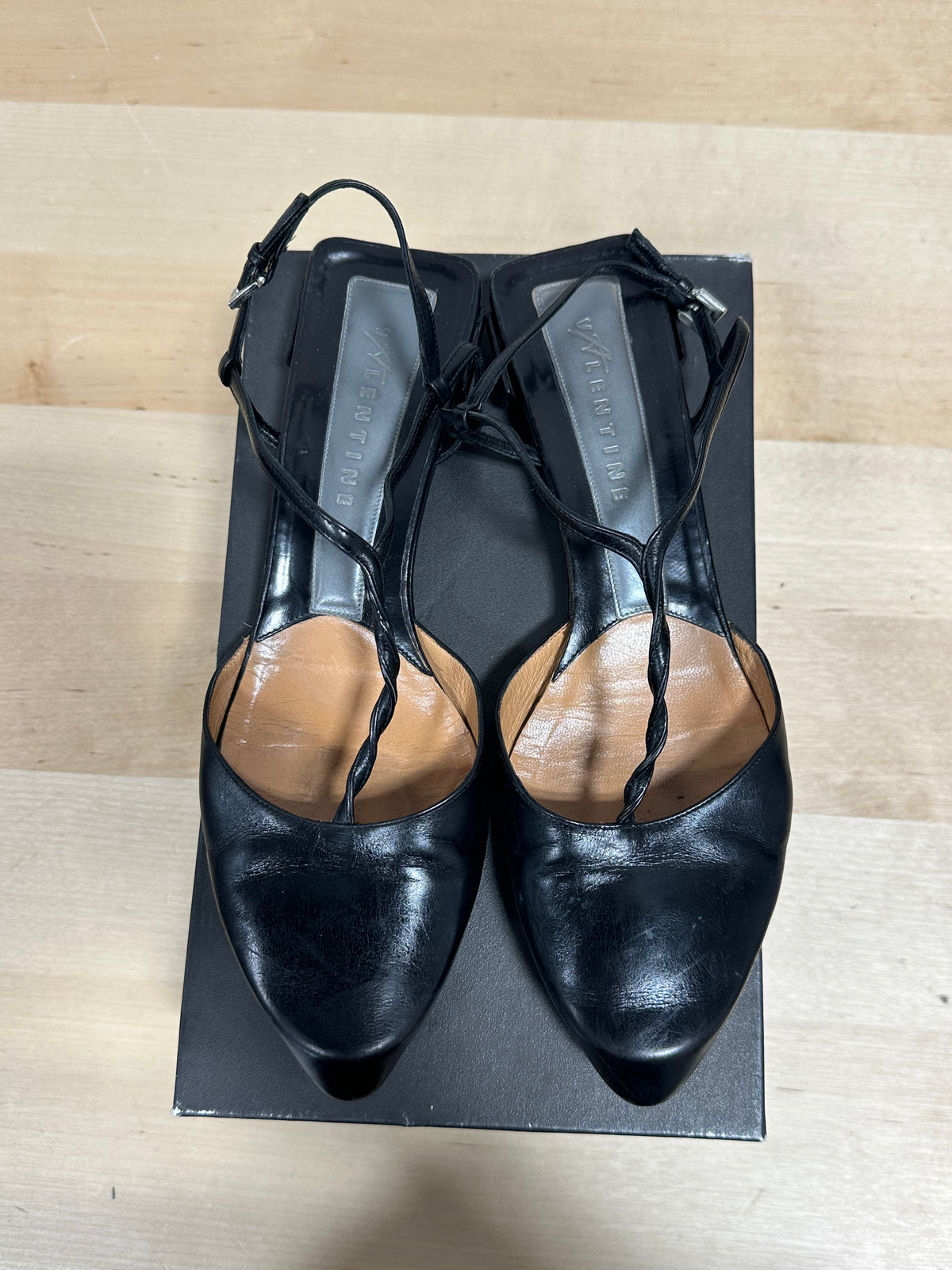 Vintage VALENTINE "PF-KIM" Braided Leather Asymmetrical Slingback Pumps - Black - Size 8 (With Original Box)