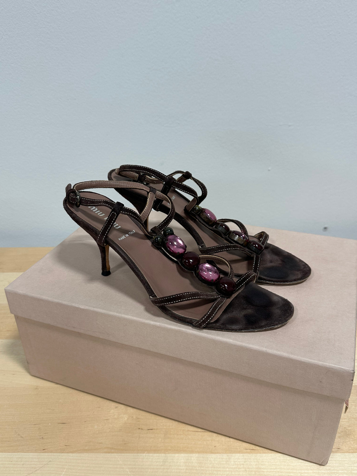 Vintage MIU MIU Jeweled Suede T-Strap Kitten Heel Sandals - Dark Brown/Pink - Size 37.5 (With Original Box)