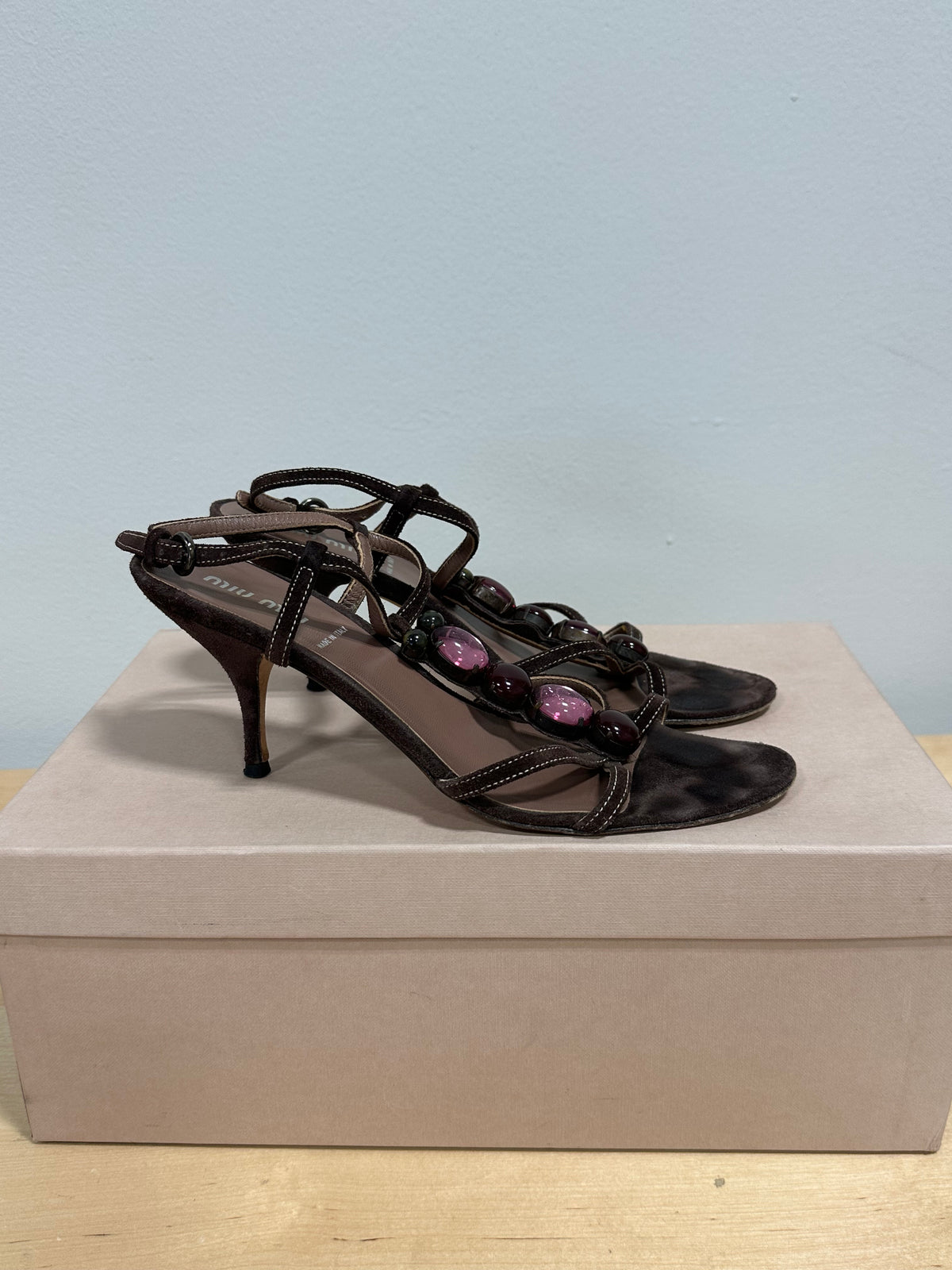 Vintage MIU MIU Jeweled Suede T-Strap Kitten Heel Sandals - Dark Brown/Pink - Size 37.5 (With Original Box)