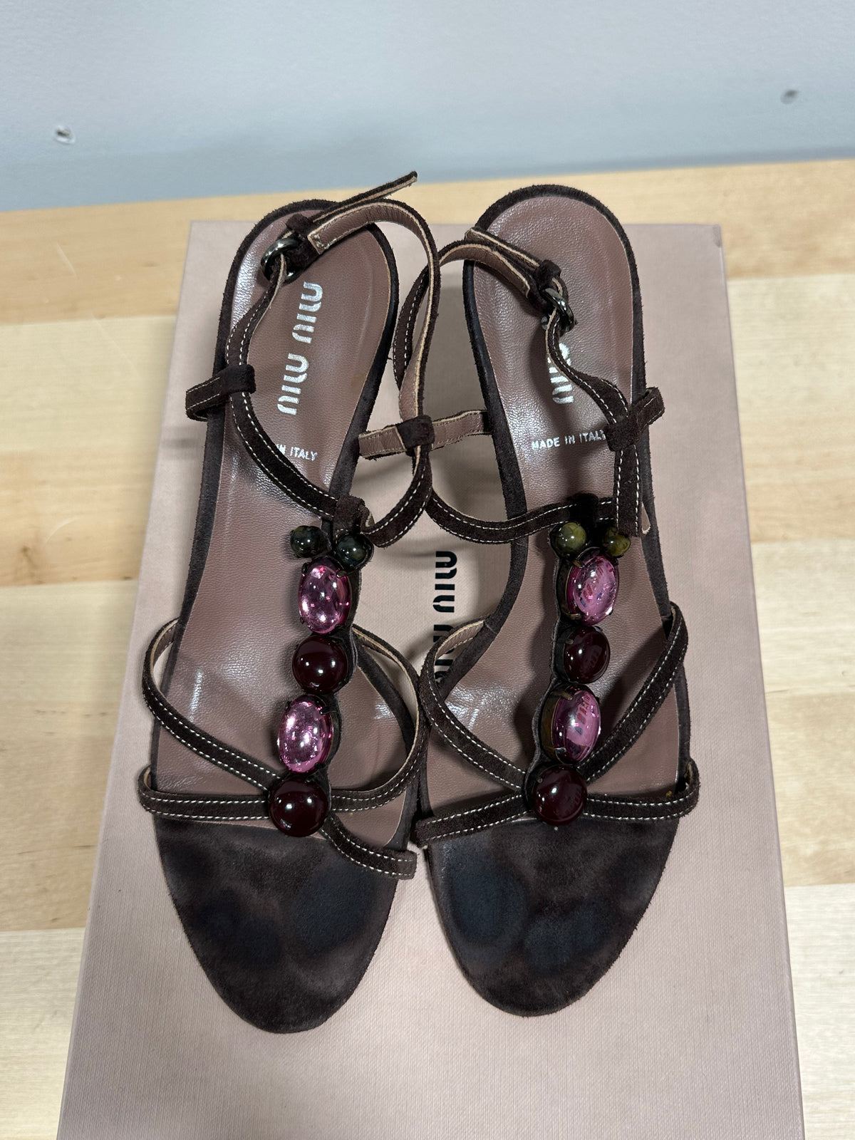 Vintage MIU MIU Jeweled Suede T-Strap Kitten Heel Sandals - Dark Brown/Pink - Size 37.5 (With Original Box)
