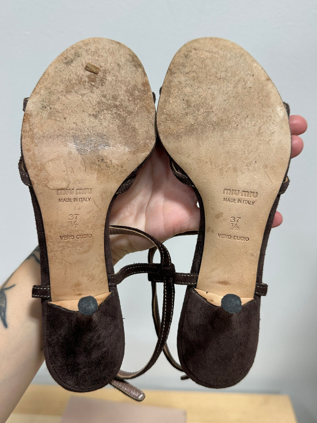 Vintage MIU MIU Jeweled Suede T-Strap Kitten Heel Sandals - Dark Brown/Pink - Size 37.5 (With Original Box)