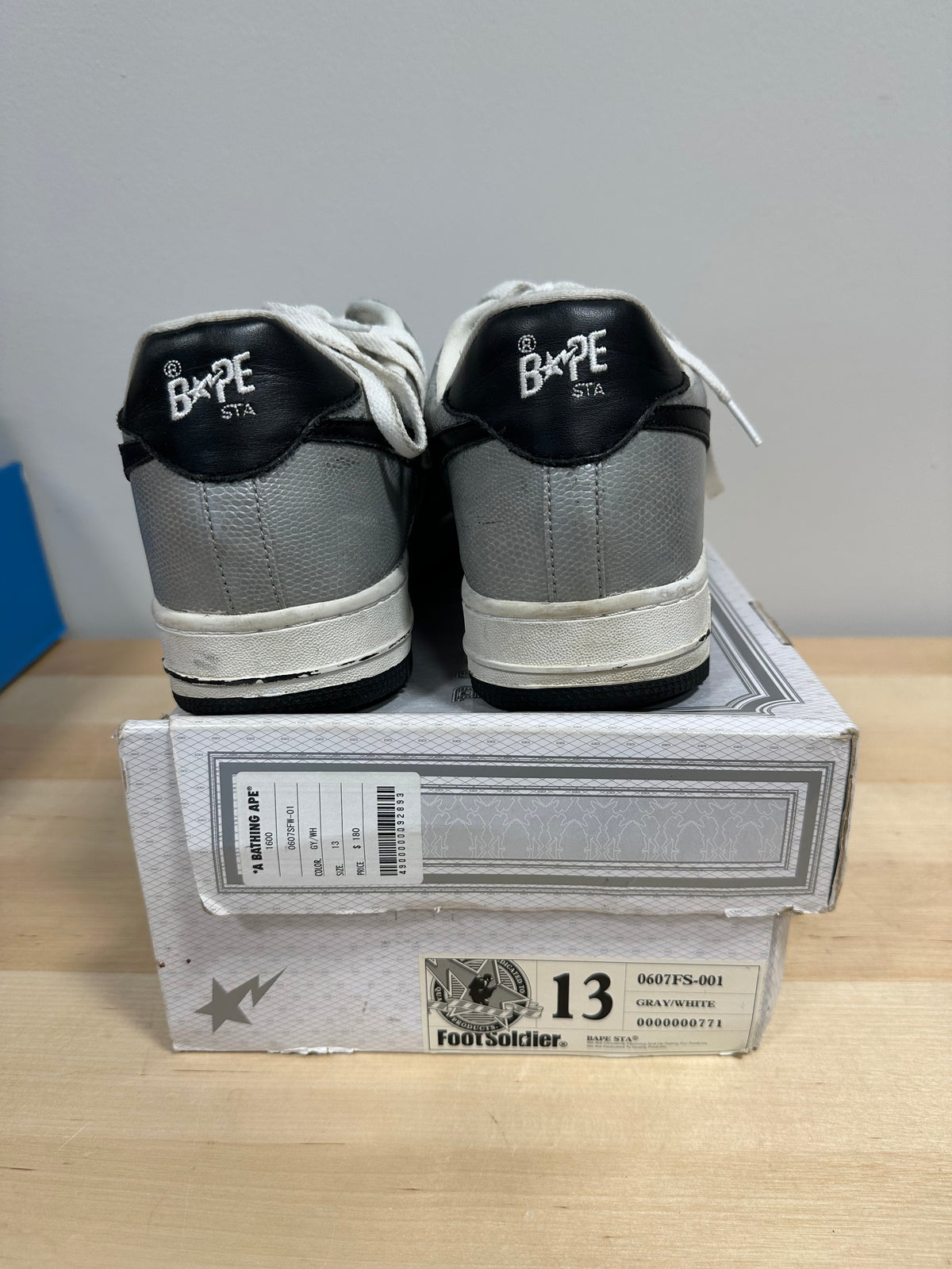 Vintage A BATHING APE Bape Sta Low Metallic Silver Crackle Leather - White/Black - Men's Size 13 (shoes only)