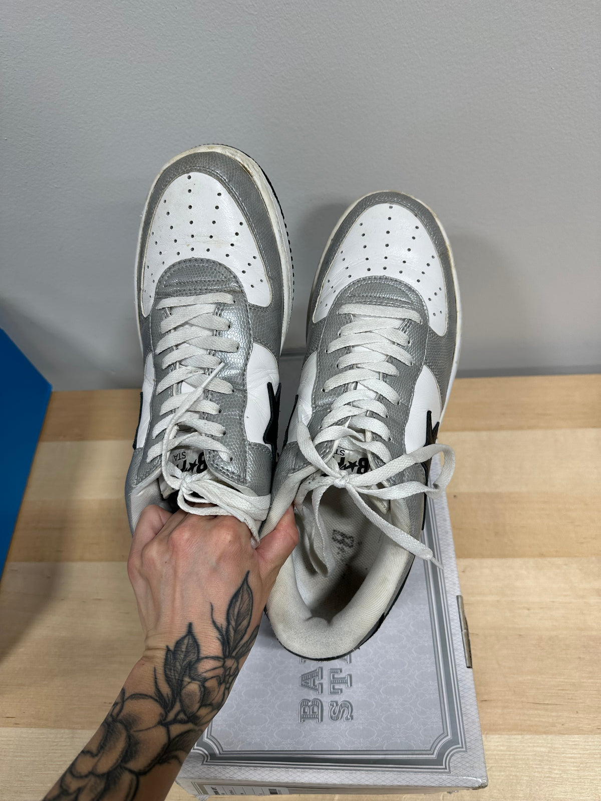 Vintage A BATHING APE Bape Sta Low Metallic Silver Crackle Leather - White/Black - Men's Size 13 (shoes only)