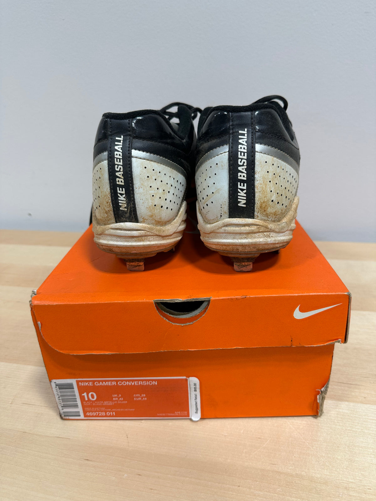 Vintage 2013 Nike Gamer Conversion Metal Baseball Cleats - Black/Metallic Silver - Men's Size 10 (With Original Box)