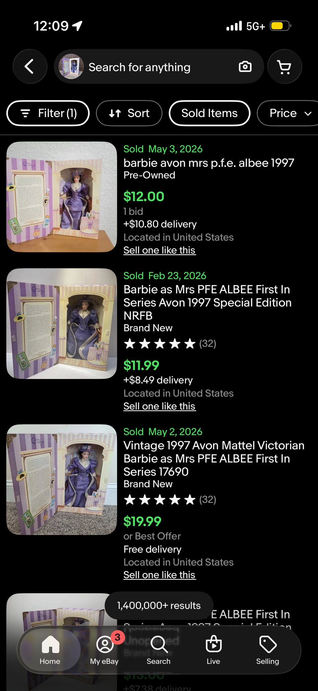 1997 Mrs PFE Albee Barbie doll Avon Special Edition Victorian dress