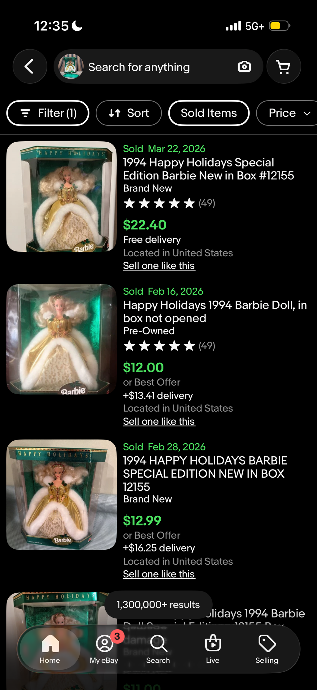 1994 Happy Holidays Barbie Doll Mattel 12155